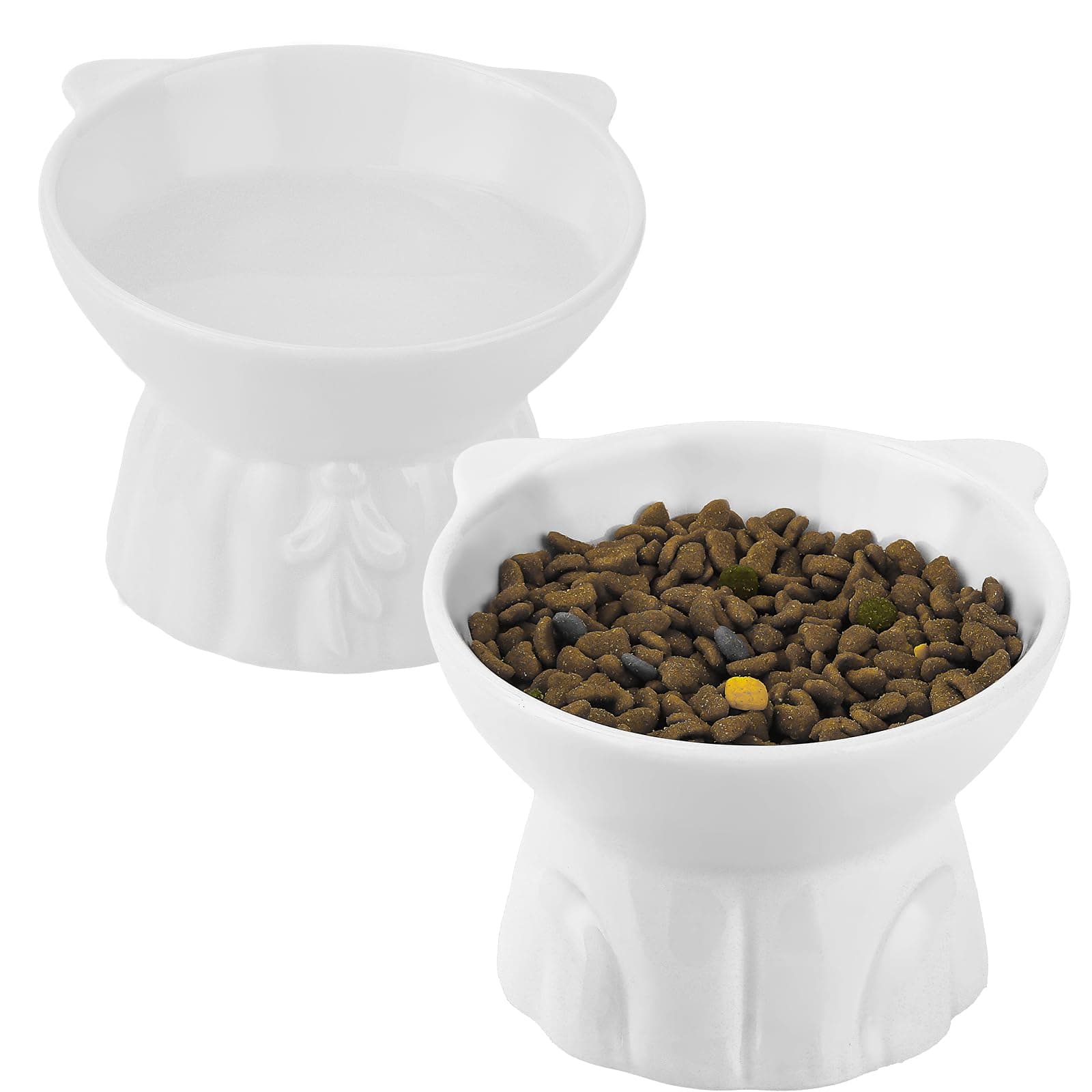 Ceramic Elevated Cat Bowls, 2 Extra Wide Raised Cat Bowl for Food and Water, Shallow cat Food Dish Whisker Friendly, Anti Vomit Cat Bowls Microwave and Dishwasher Safe, Great Height (White)