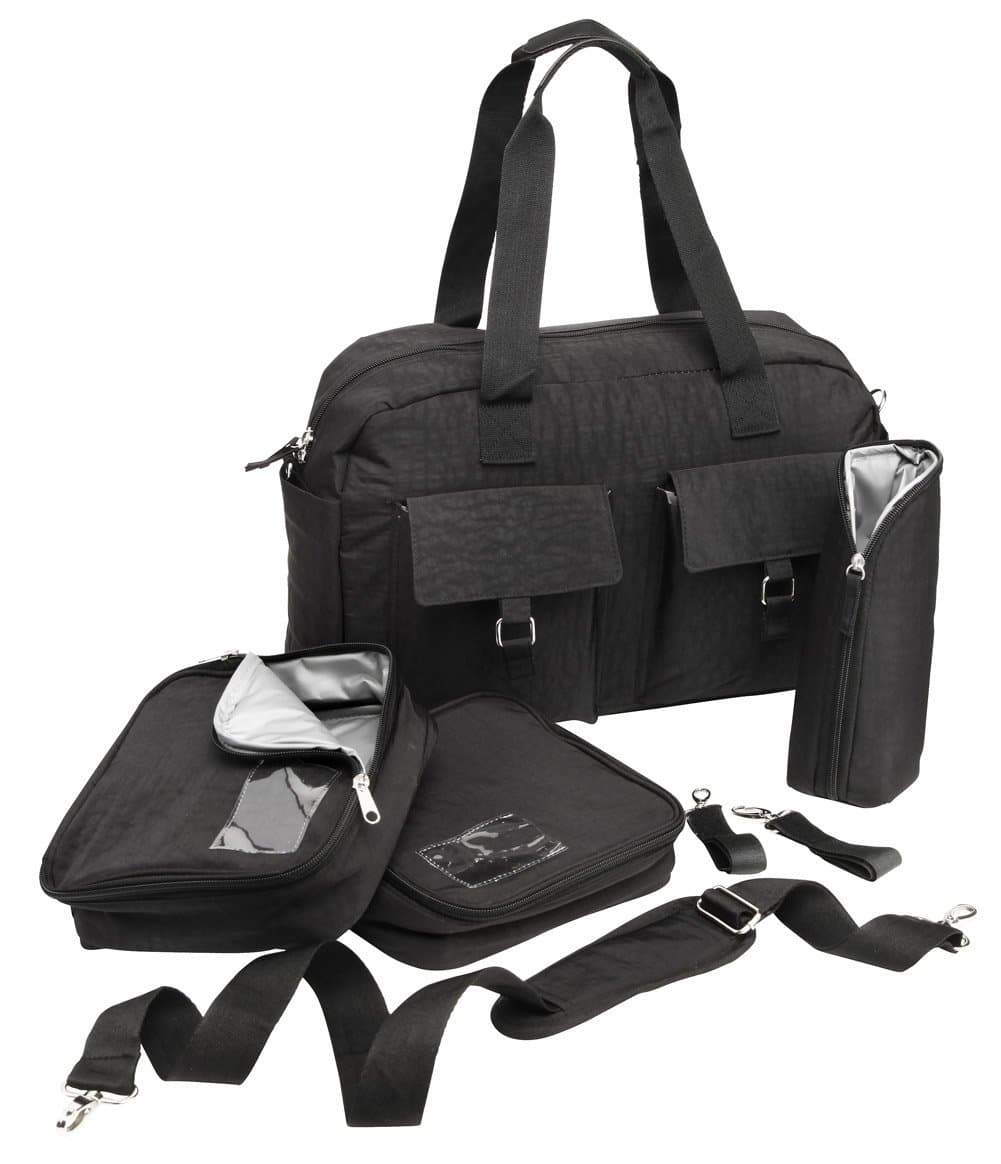 Baby Nappy Changing Bag Multi-Functional Adjustable Straps for Any Pram with Insulated Organisation Pods 4pcs 30x46x15cm (Black)