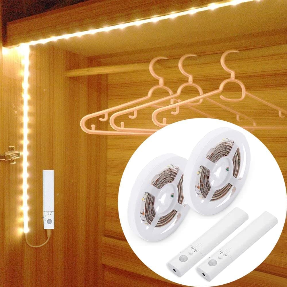 2pack Wardrobe Lights Battery Powered Motion Sensor 1M, 3000K Warm White LED Strip Lights for Kitchen Cabinets, Bedroom(Powered by 4 AAA Batteries, not Included)