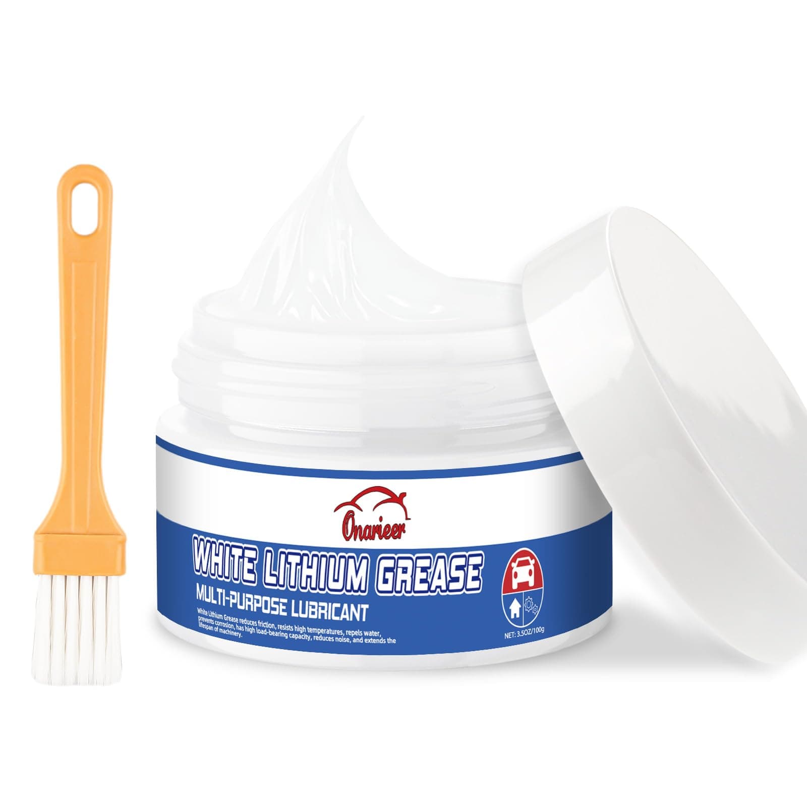 White Lithium Grease, Multi-Purpose Lubricant Lithium Grease with Brush, Garage Door Hinge Lubricant for Metal-to-Metal Applications, Ideal for Automotive, Marine, and Industrial Use (3.5oz)