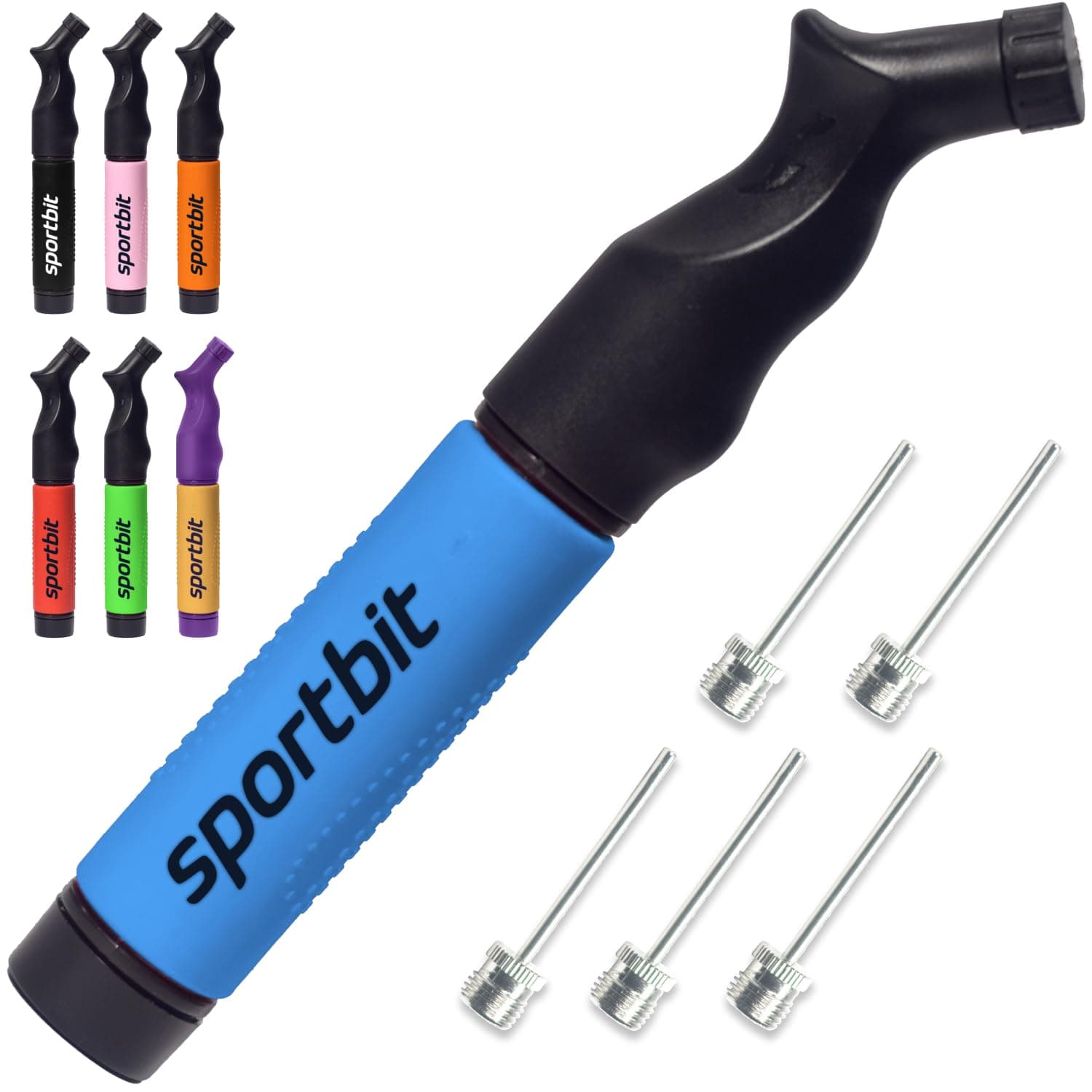 SPORTBIT Ball Pump with 5 Needles - Push & Pull Inflating System - Great for All Sports Balls - Football Ball Air Pump, Volleyball Pump, Basketball Inflator - Goes with Needles Set