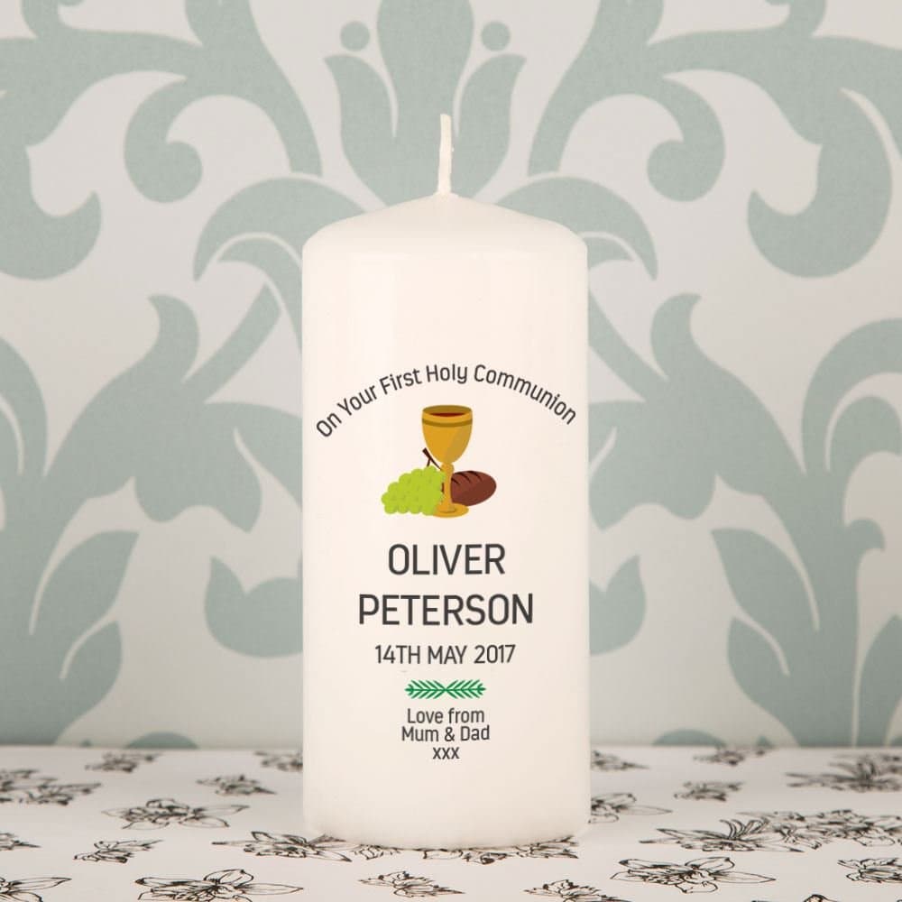 Personalised First Holy Communion Pillar Candle. Religious Ceremony Keepsake