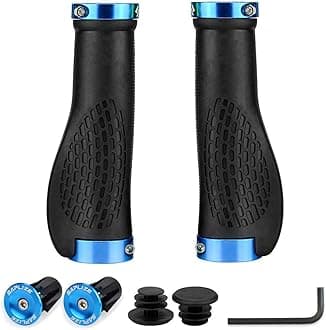 SAPLIZE Bike Handlebar Grips, Ergonomic Design, PR11 (Black, Blue Rings, with Aluminium End Caps)