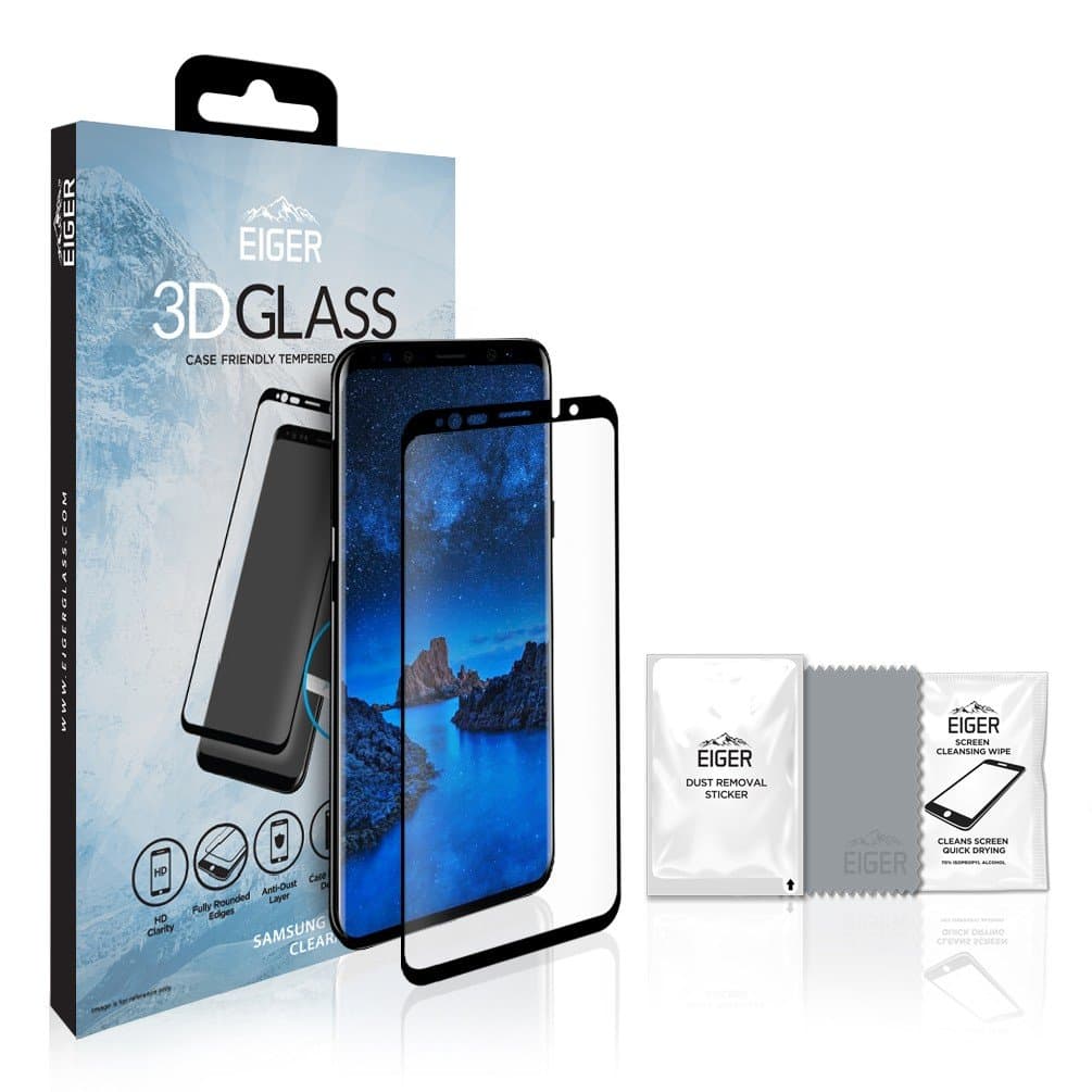 EIGER Samsung S9 Plus Premium Tempered Curved Glass Screen Protector (Japanese Asahi Glass), 9H Hardness, 0.33 mm with Cleaning Kit - Black/Clear