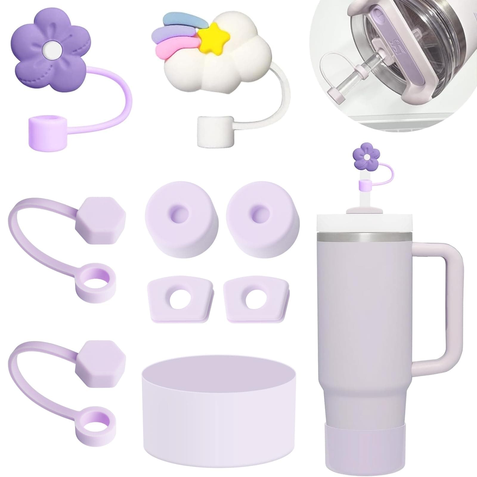 Stanley Cup Accessories Set Including 6 Pcs Silicone Spill Proof Stopper, 2 Straw Cover Cap For 9-10 Mm Straws, 1 Purple Boot 40Oz & 30Oz Tumbler (Orchid)
