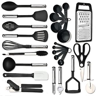 25pc Kitchen Utensils Set - Nylon & Stainless Steel Cooking Utensils Set - Non-Stick Kitchen Utensils with Spatula - Kitchen Gadgets Cookware Set - Kitchen Tools Set