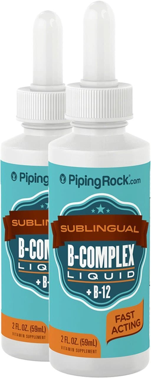 Piping Rock Sublingual B-Complex Liquid Plus B-12 1200 mcg 2 Dropper Bottles x 2 fl oz (59 ml) Fast Acting
