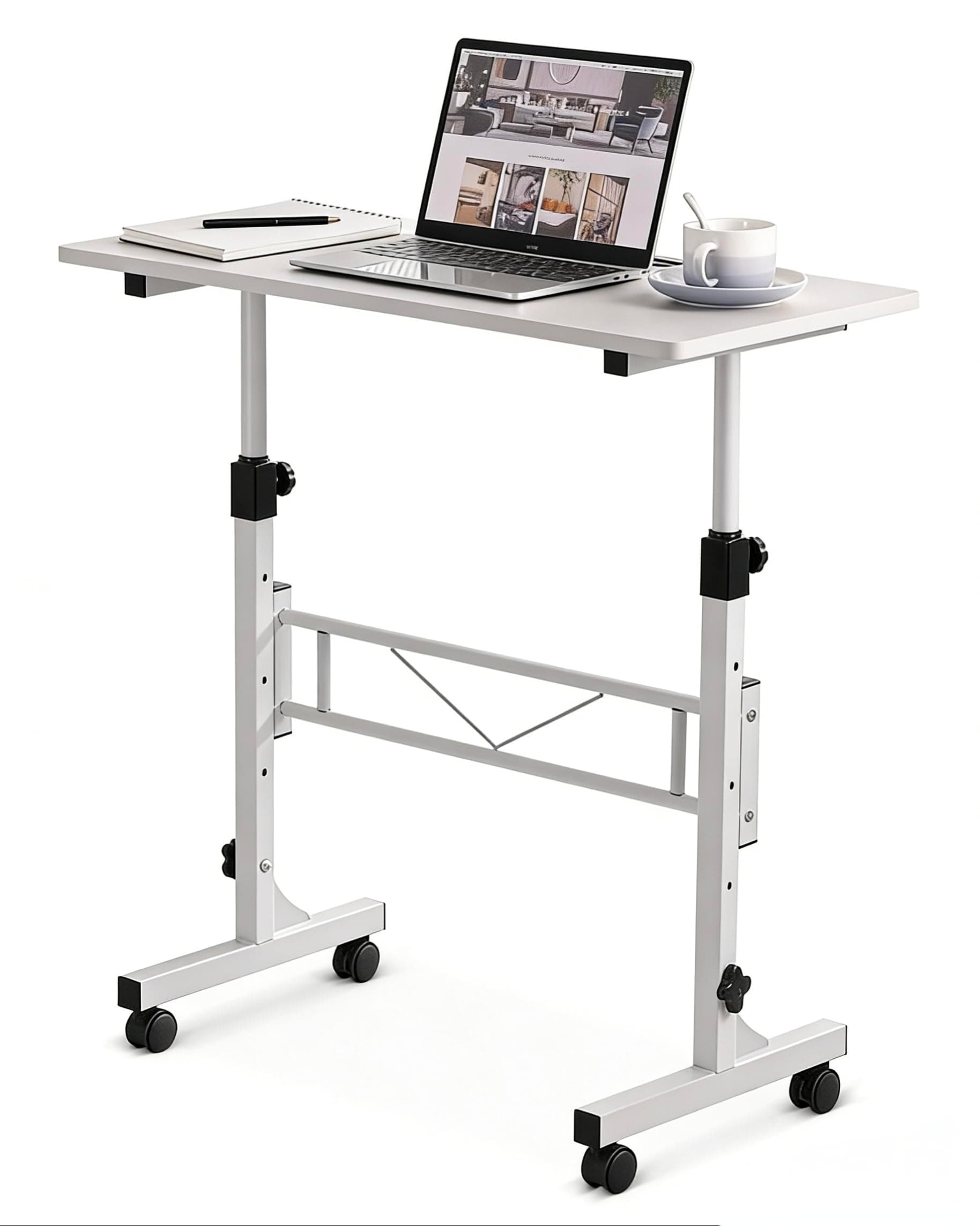 Small Standing Desk Adjustable Height, Mobile Stand Up Desk with Wheels, 32 Inch Portable Rolling Desks Conference Room Tables for Walking Pad Treadmill Pure White