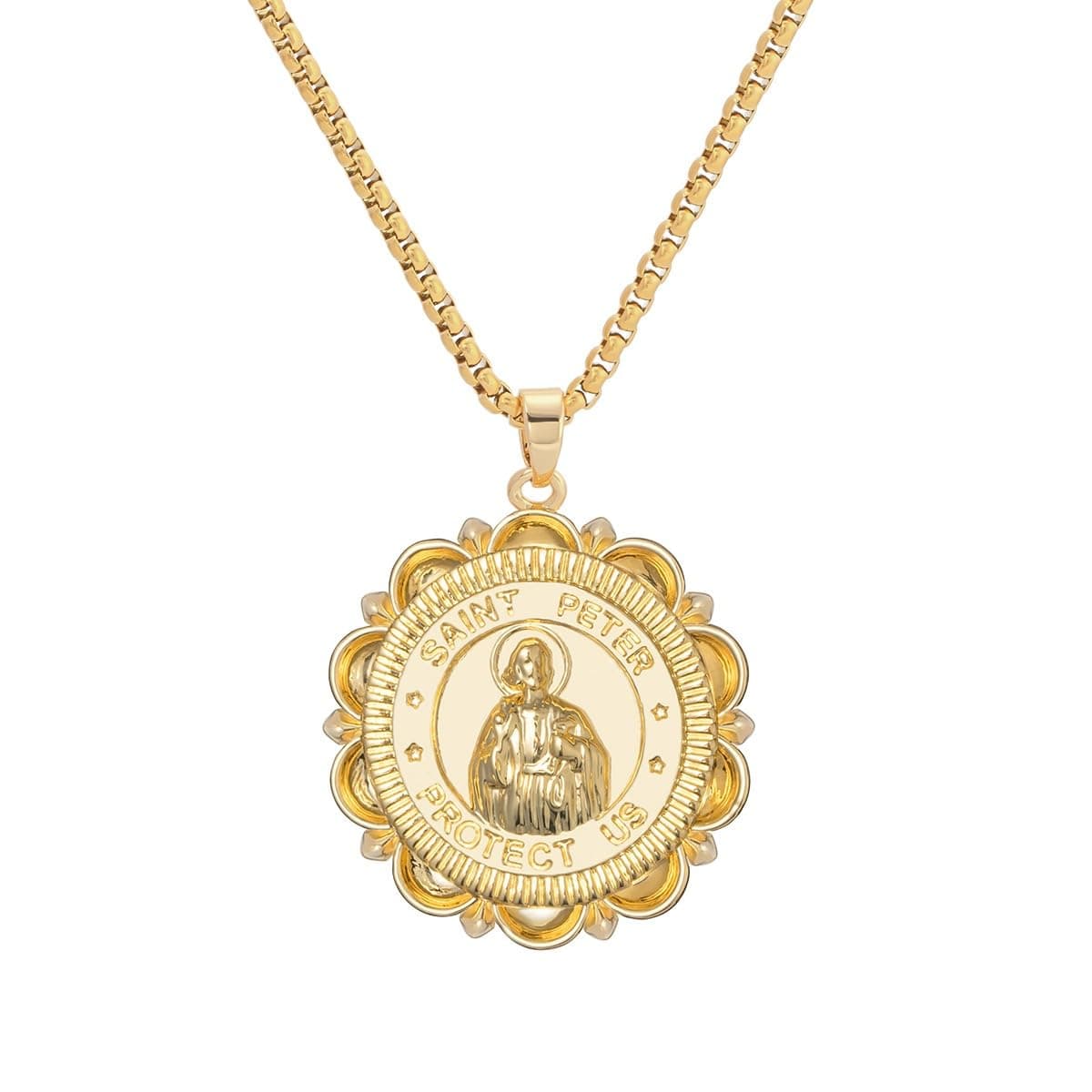 Divine Guardian Patron Amulet: St Michael/St Christopher/St Benedict/Saint Jude/Virgin Mary/Jesus Cross/St Joseph/St Anthony Pendant Necklace for Men Women - 18k Gold Medal Jewelry (Saint Peter)