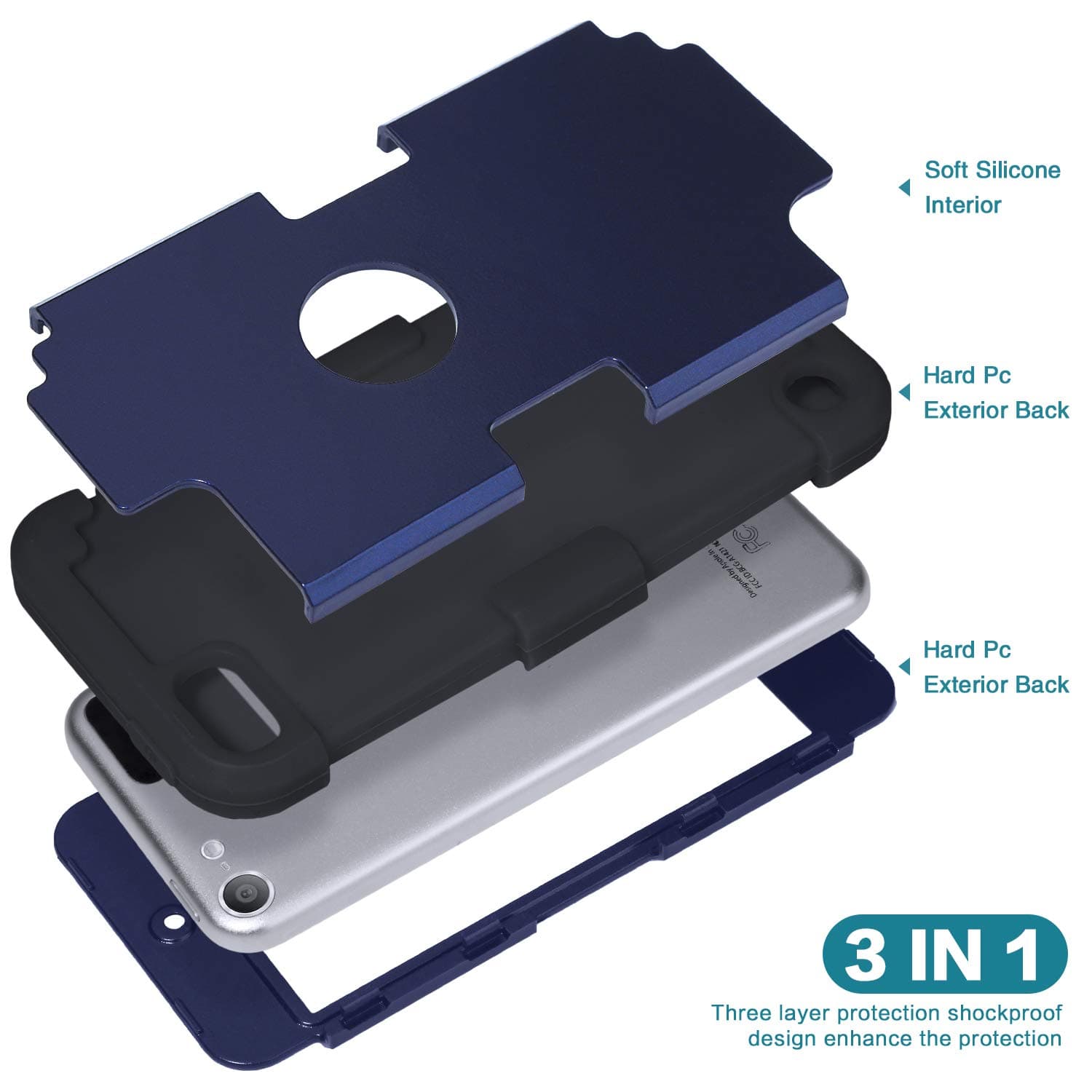 IDweel Ipod Touch Armor Case With 2 Screen Protectors,Idweel 3 In 1 Hard Pc Case + Silicone Shockproof For Kids Heavy Duty Hard Case Cover For 2019 Ipod Touch 7Th/6Th/5Th Generation,Navy Blue + Gray