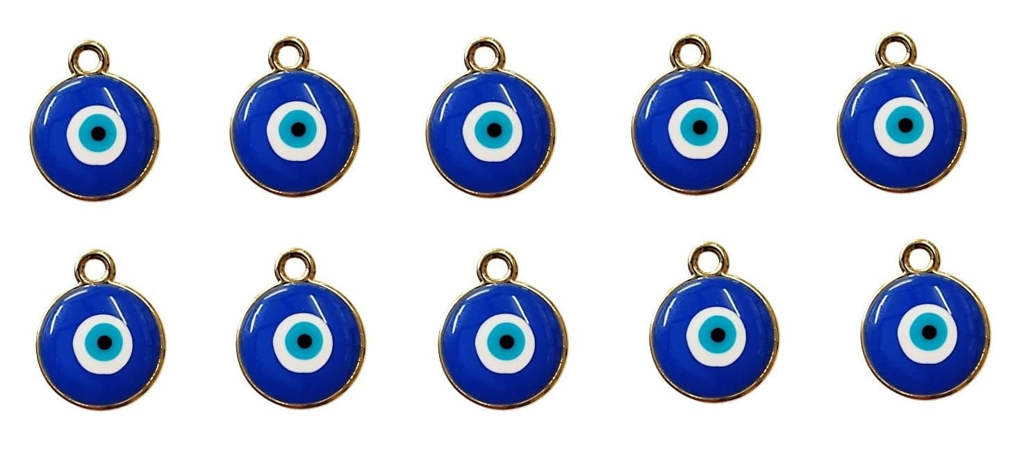 10 PCS ROUND SHAPE EVIL EYE PENDANT CHARM FOR KEY CHAIN, EARRING, NECKLACES, BRACELET DIY CRAFTS AND JEWELRY MAKING ACCESSORIES.