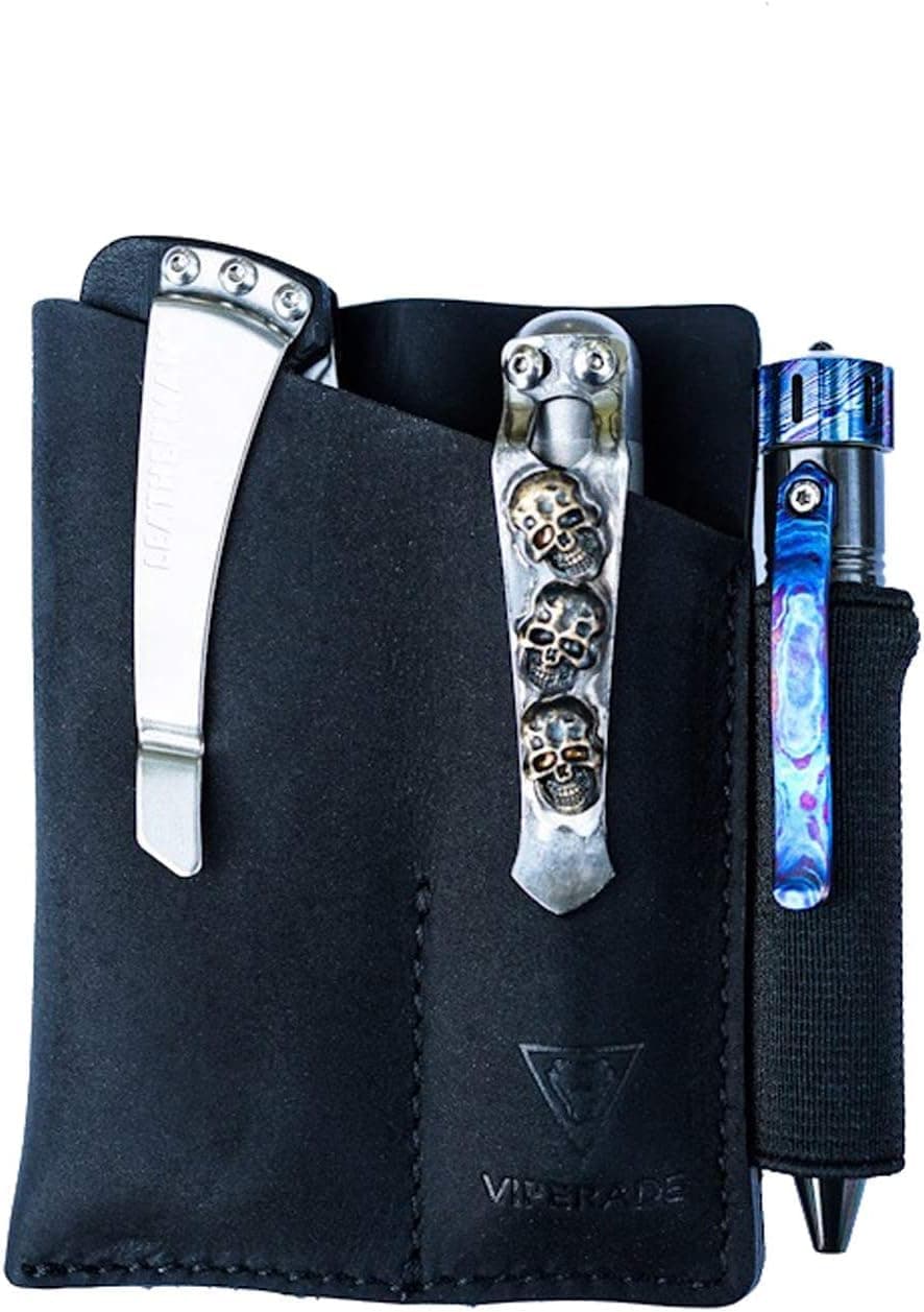 VIPERADE PJ12 EDC Leather Sheath, Multitool Sheath/Tools Holster/Knife Belt Sheath/Flashlight Sheath for Leatherman Multitools/Knife Sheath, Handmade Organizer Sheath with 2 Pockets - Black