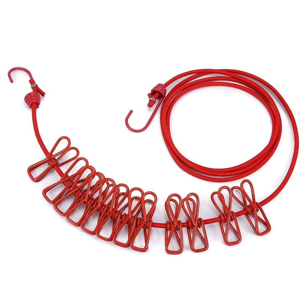JGB Windproof Portable Elasticity Clothesline with 12pcs Clothespins and 12 clothes spacers for Outdoors Travel Home Use Gift Swimming (Portable red)