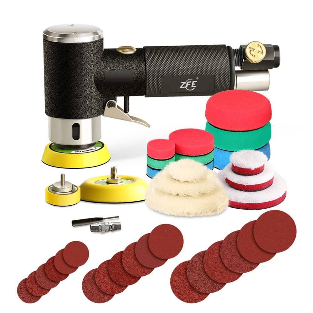 Mini Air Sander, 1/2/3 Inch Random Orbital Air Sander, Mini Pneumatic Sander for Auto Body Work, High Speed Air Powered Sanders & Polisher with 15 Polishing Pads Buffing Pads,18 Sandpapers