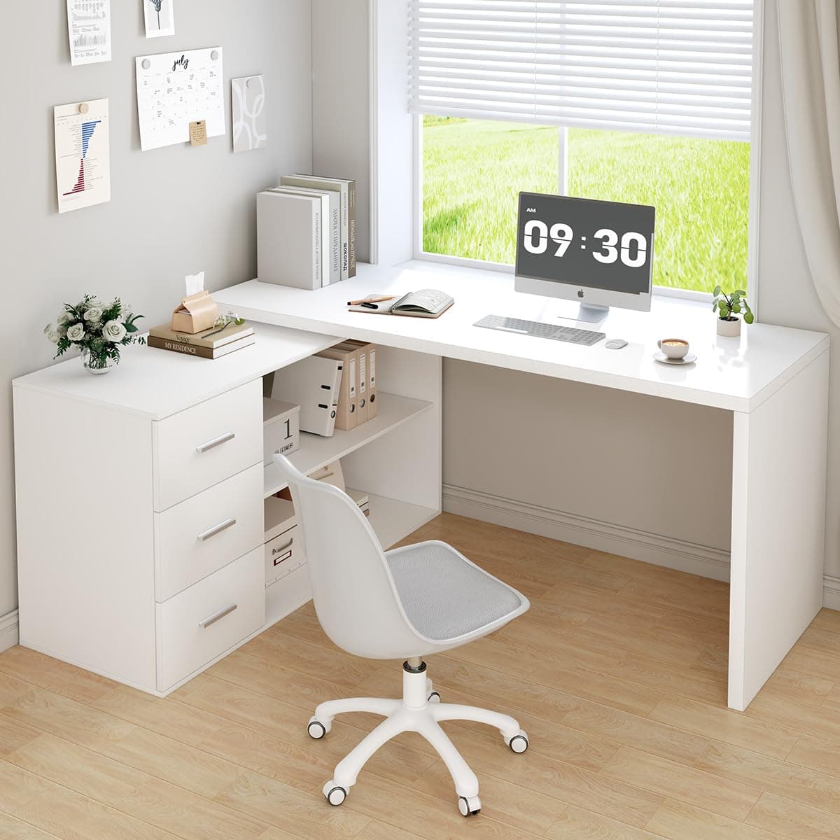 HSH White L Shaped Computer Desk with 3 Drawers, Reversible Home Office Corner Desk for Writing Study Work Executive, 152cm Bedroom Wood Table Workstation Corner Desk with Storage Cabinet