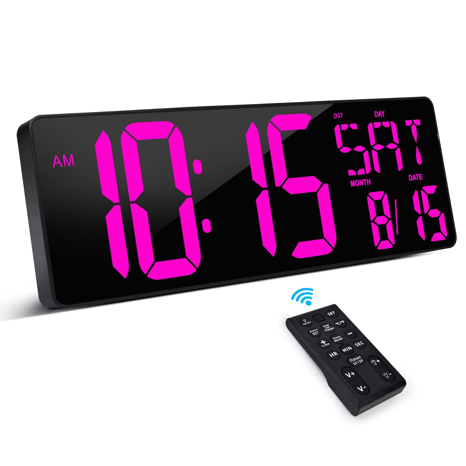 XREXS Large Digital Wall Clock with Remote Control, 16.5 Inch LED Large Display Count Up & Down Timer, Adjustable Brightness Alarm Clock with Day/Date/Temperature for Living Room, Bedroom, Office, Gym
