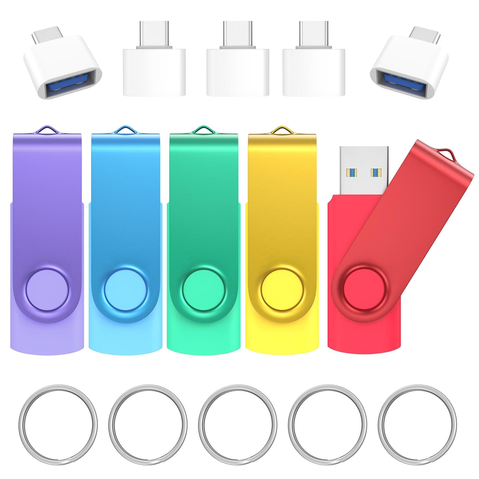 32GB USB 3.0 Flash Drives 5 Pack with USB C 3.0 Adapter and Keychains, Wooolken Swivel Thumb Drives USB Stick Drive Memory Stick