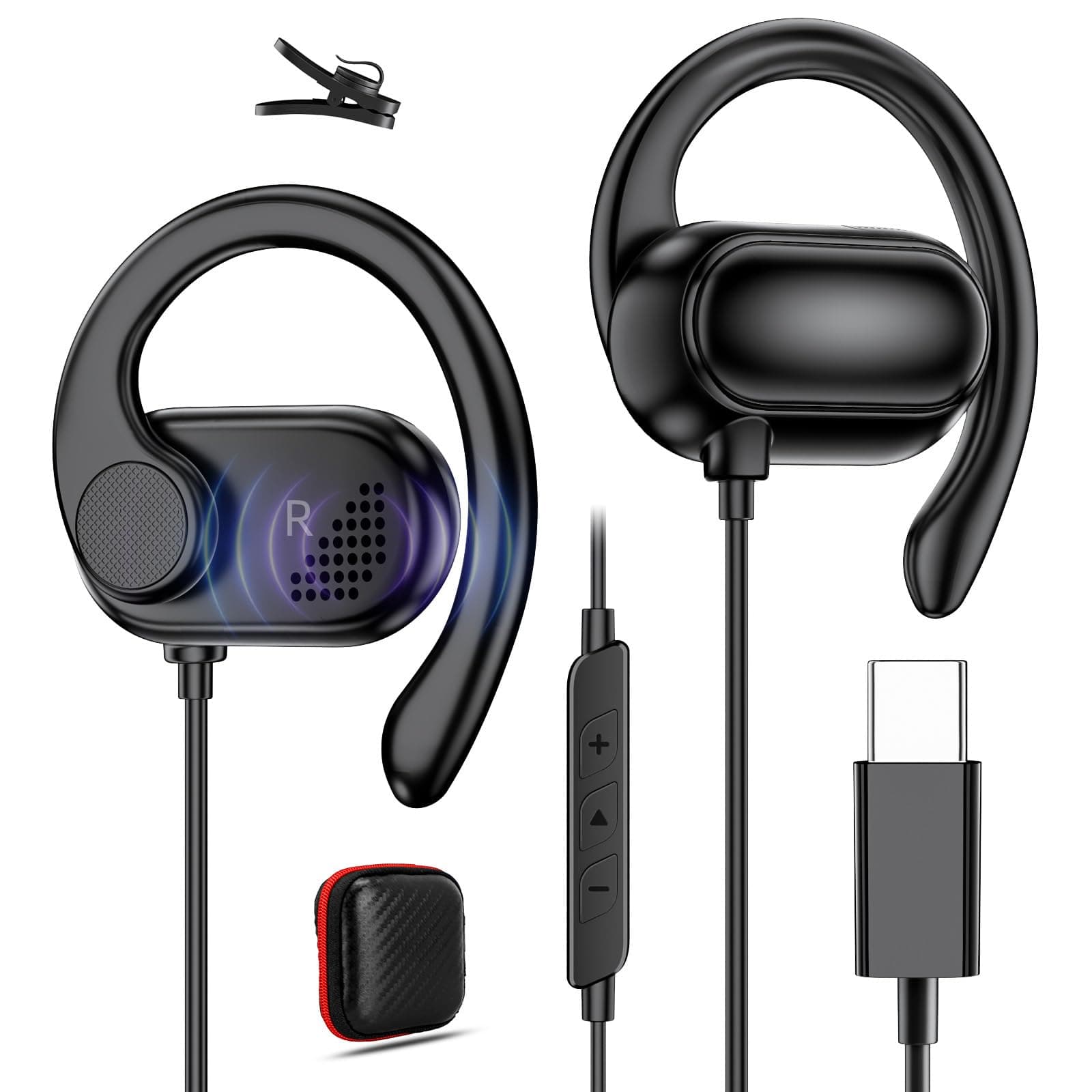 Open Ear USB-C Headphones for iPhone 17 Pro Max 16 15 Plus, Over Ear Wired Earbuds with Earhook Microphone Volume Control, HiFi Stereo Sports Type C Earphones for Samsung S25 S26 S24 S23 S22 S21 Pixel