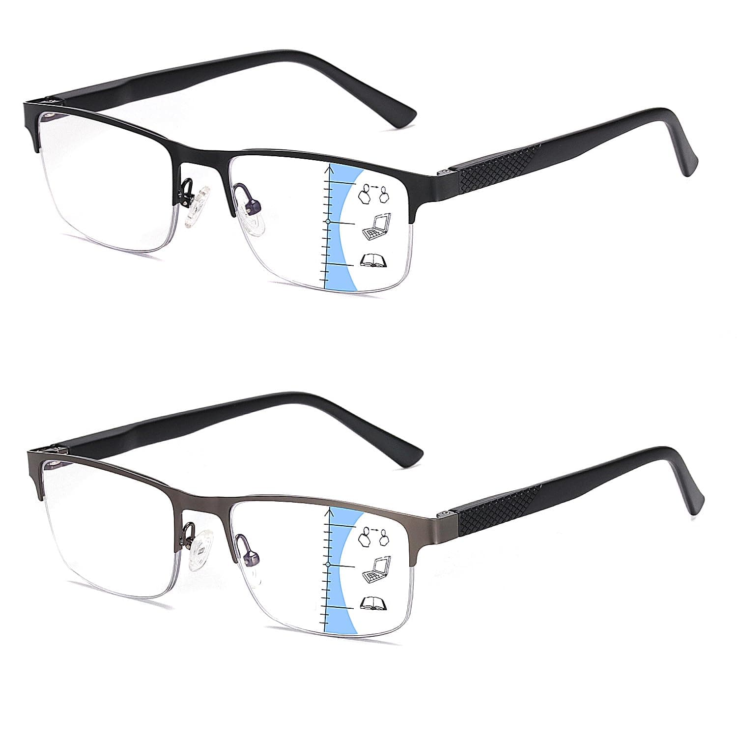 Mens 2 Pack Multifocus Reading Glasses Semi-rimless