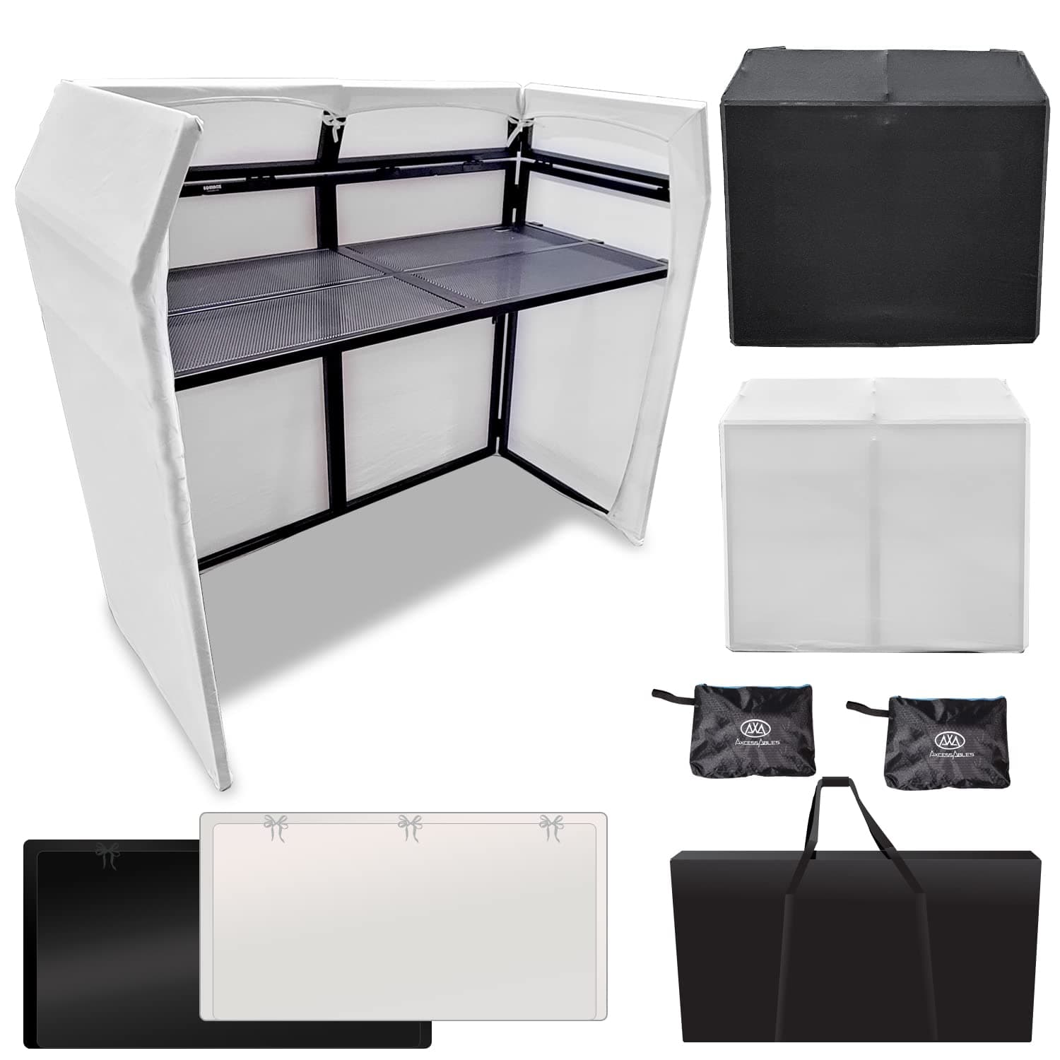 AxcessAbles DJ BOOTH XL 58" wide x 29" deep DJ Facade Table | Portable Extra Wide DJ Table Booth with Black and White Scrims, Carry Cases | Large DJ Controller Stand | Music Mixer Stand