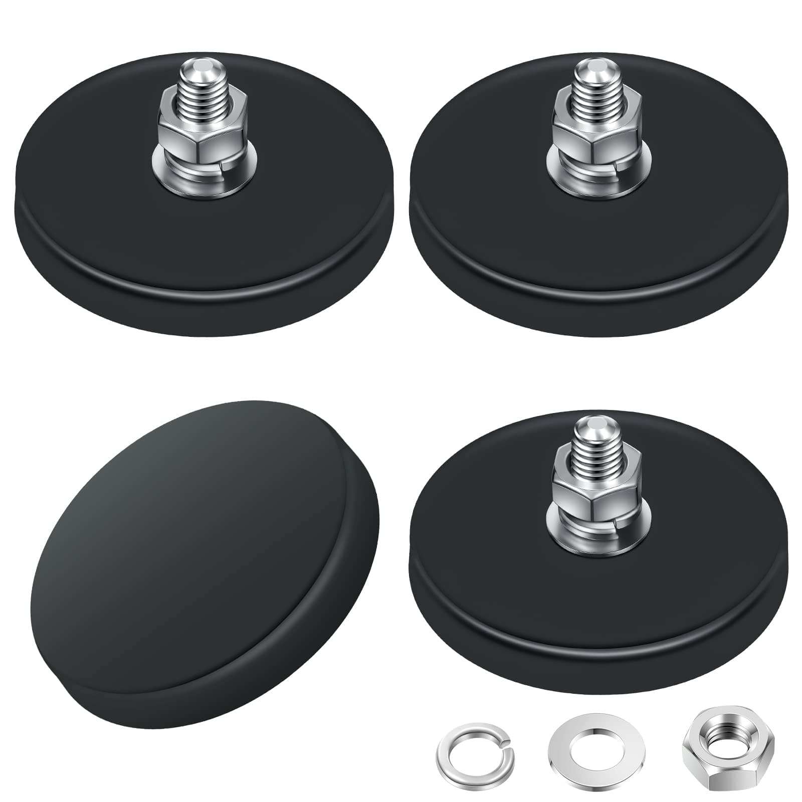 Neodymium Magnet Rubber Coated Mounting Magnets Small Scratch Safe Stud Magnet Painted Surface Waterproof Magnets Threaded Magnet with Bolts Nuts for Lighting Camera (2.6 Inch,Black,4)