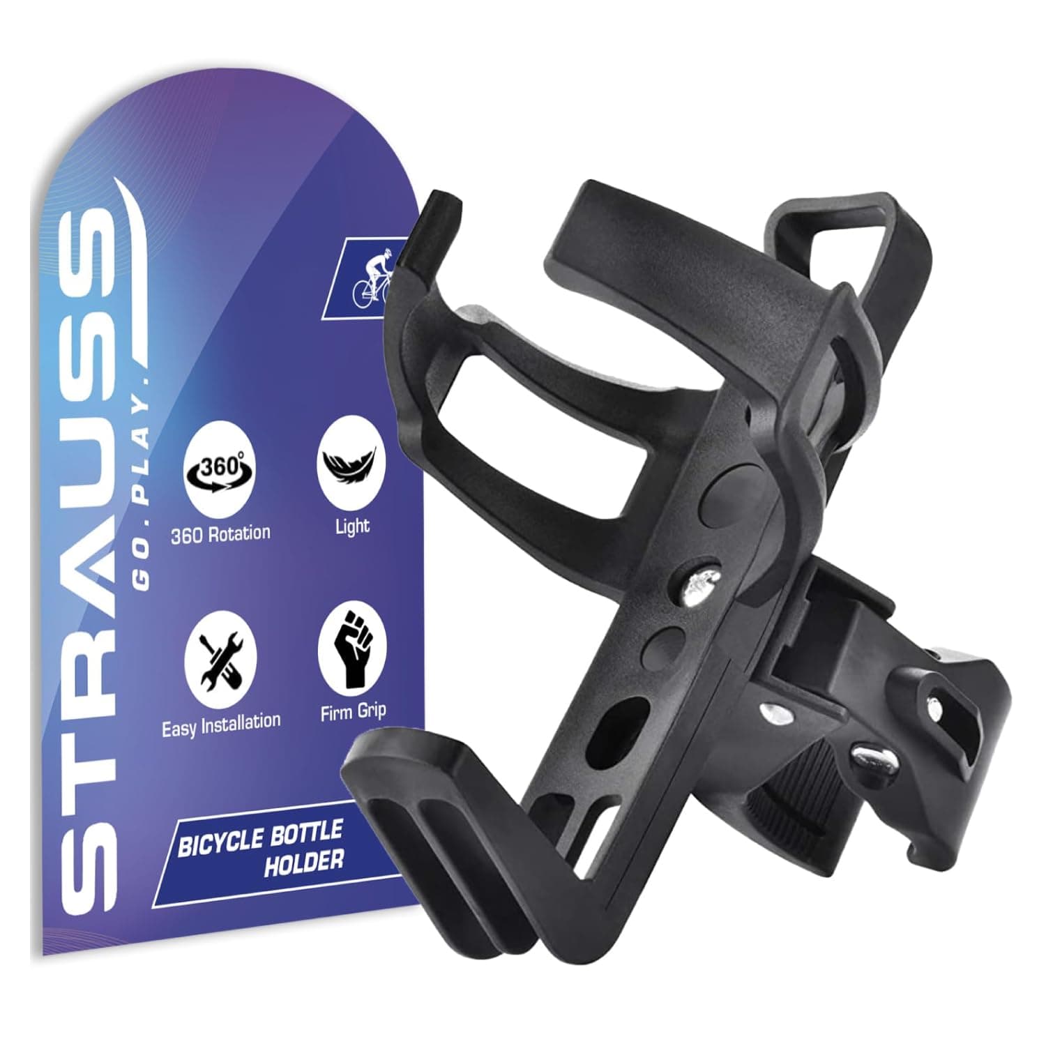 Strauss Bicycle Bottle Holder and No Tools Needed | Portable Carrier Bracket Stand for Cycle Accessories | Expandable & Adjustable Bottle Cage with Upgraded Clamp, (Black)