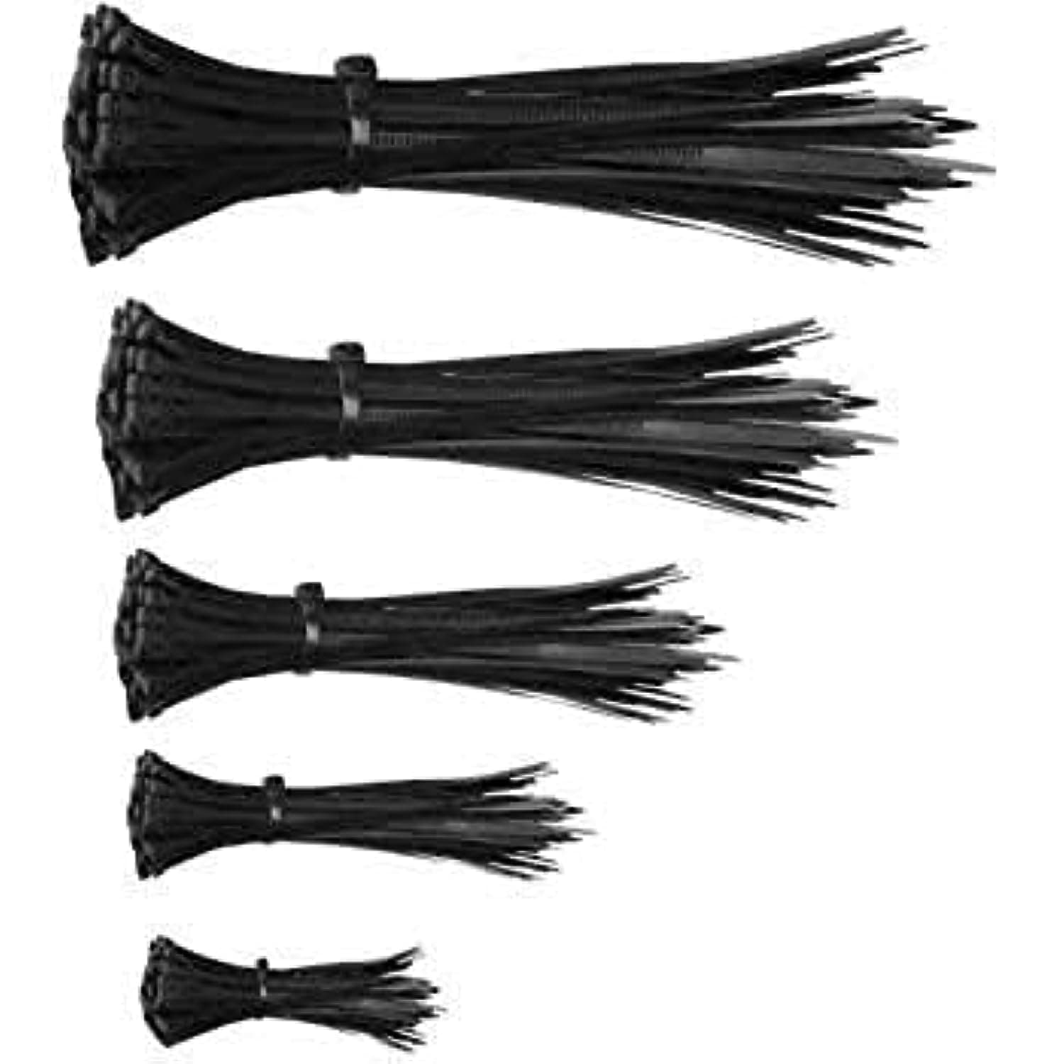 Assorted 4, 6, 8, 10, 12 Inch Nylon Cable Ties Zip Wire Organizer Ties, 50 Pieces Each Size Combo - Black