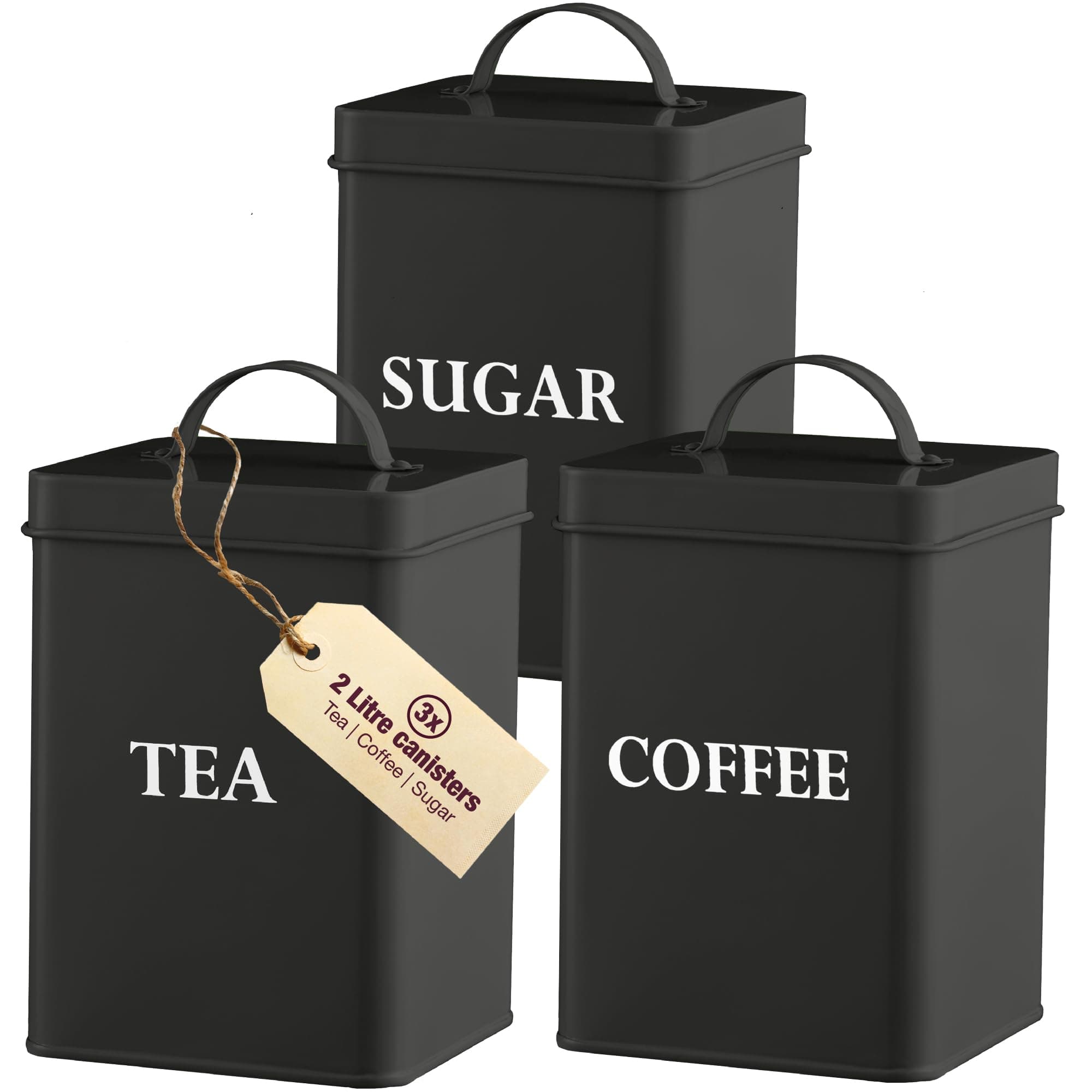 ANDREW JAMES Tea Coffee Sugar Canisters | Vintage Style Kitchen Storage Set | Rust Resistant Powder Coated Iron Caddies | Store Coffee Beans Granules Teabags Sugar | Part of The Vintage Range (Black)