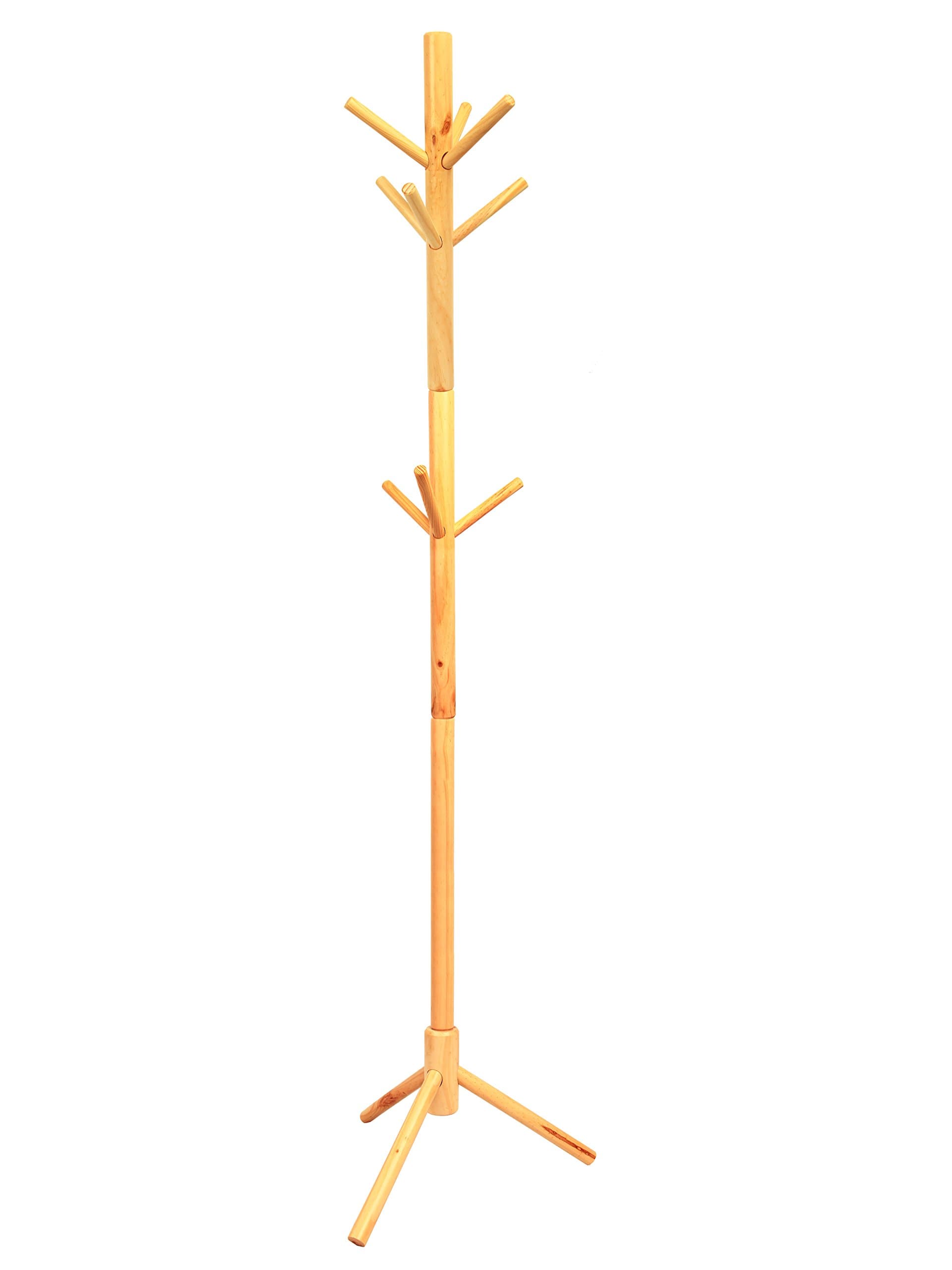 Solid Wood Coat Rack, Lacquered Pine Wooden Hat and Coat Stand with 9 Hooks - Entryway Hall Stand & Free Standing Clothes Tree for Coat Hat Scarves Umbrella Cap Suit and Handbags (Natural wood)