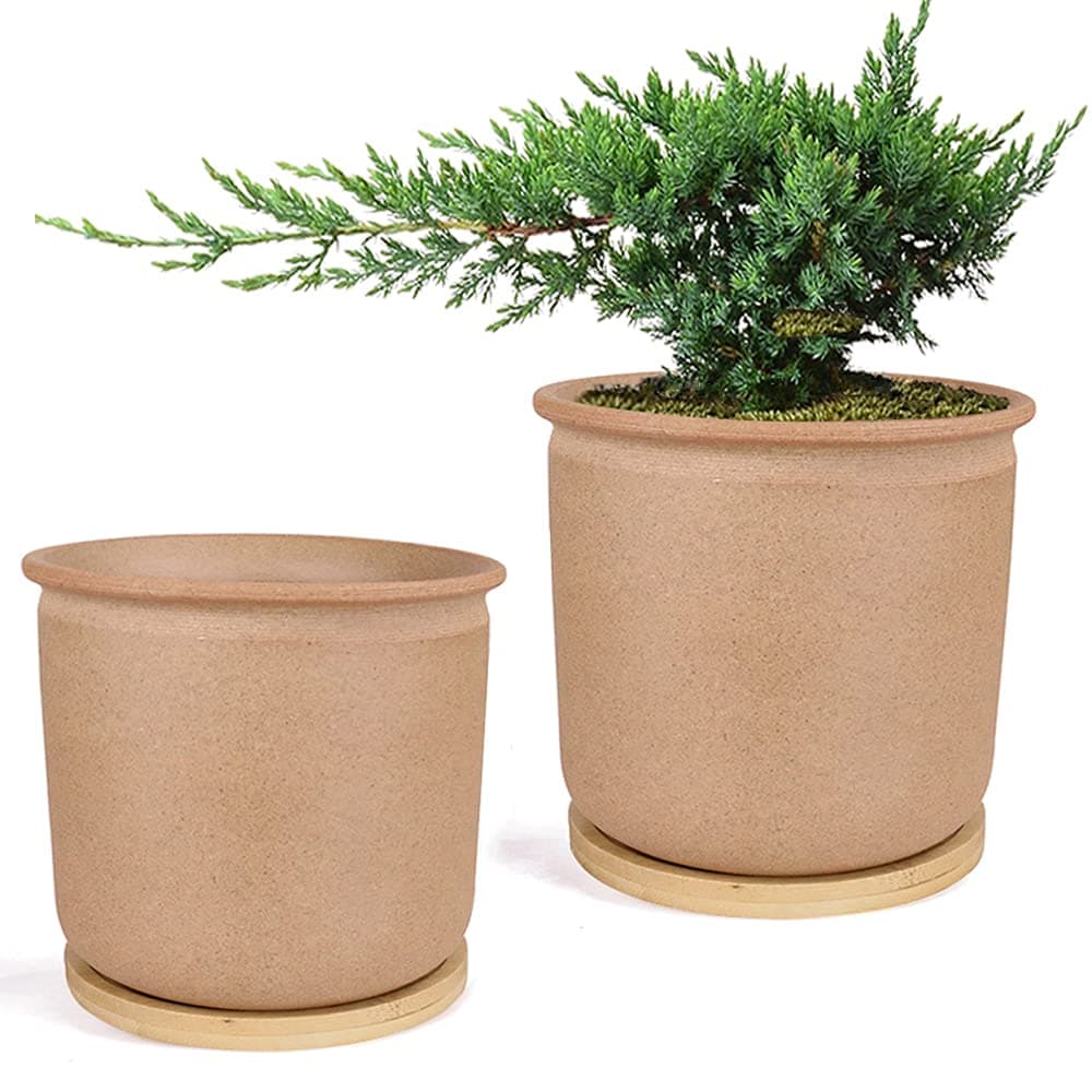 MUZHI 2 Pack 4.8" Deep Ceramic Bonsai Pot Planter with Drainage Tray 2 Pack Unglazed Pottery Flower Plant Pots Vintage Cylinder Suculent Cactus Containers