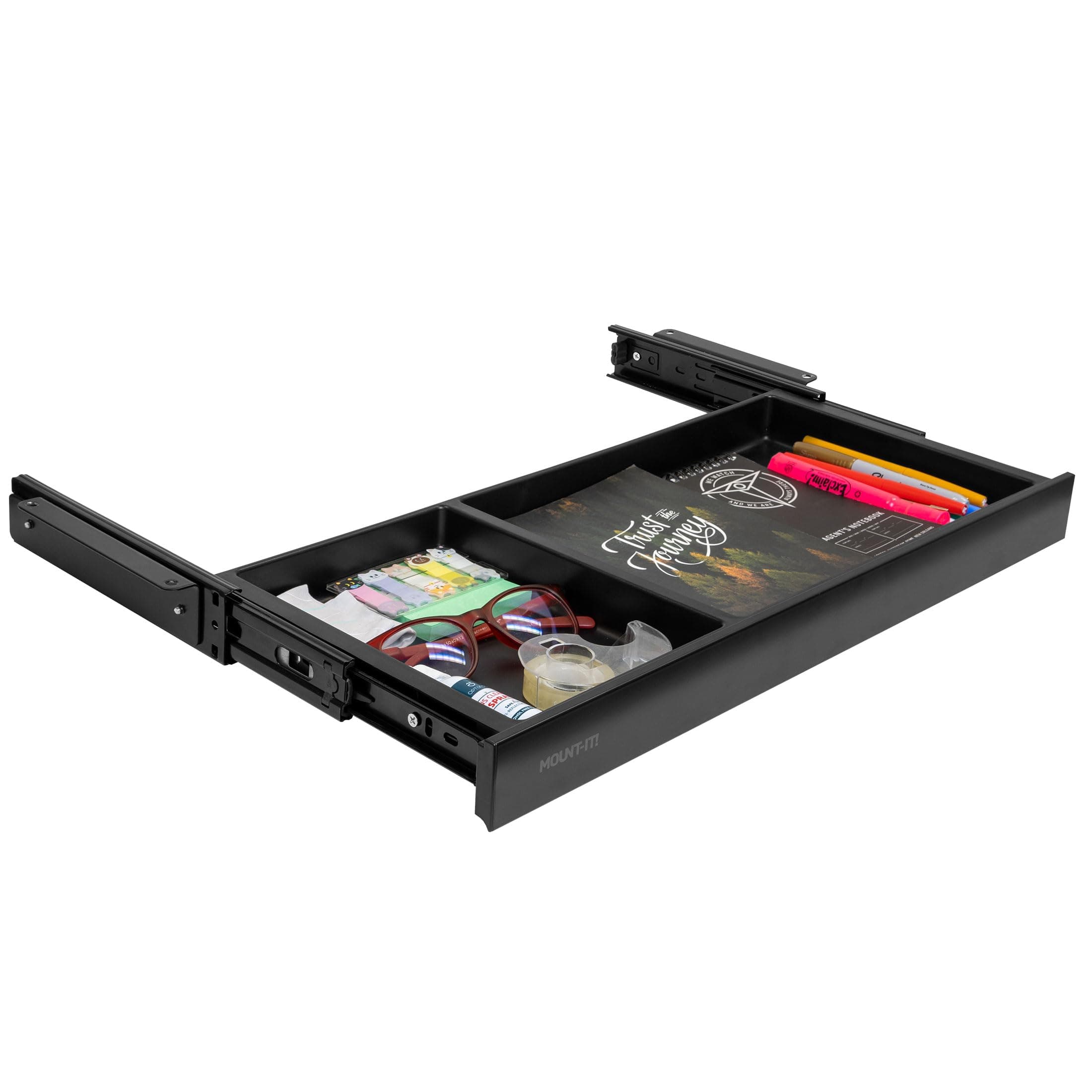 Mount-It! Under Desk Drawer Organizer with 2 Compartments, Shallow Low-Profile Slide-Out Desk Tray, 20.7″ x 8.9″ x 1.8″, Pull-Out Pencil Drawer for Traditional & Standing Desks - Black