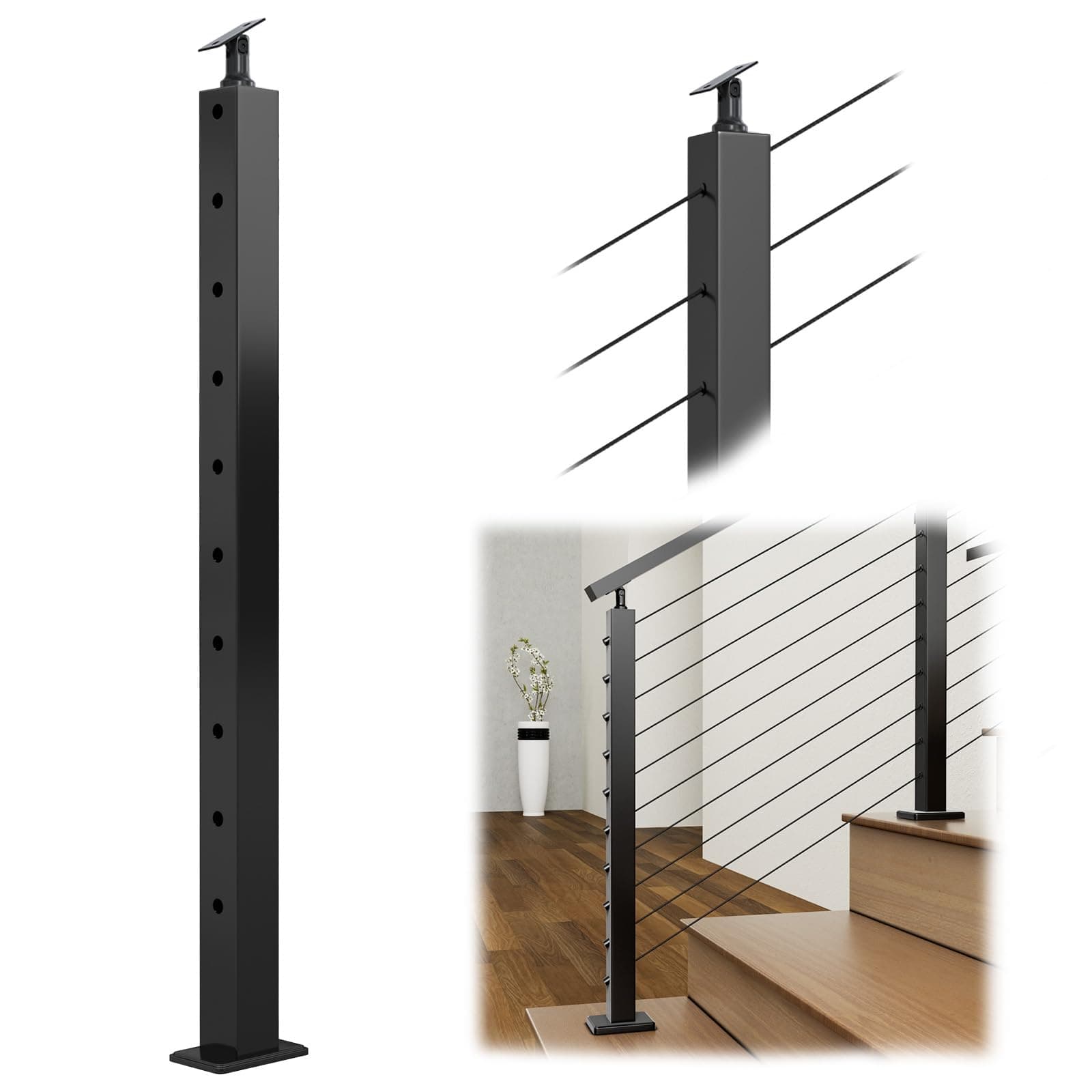 Black Stair Cable Railing Post 36"x2"x2" for 25-35 Degrees Stair Surface Mount T304 Stainless Steel Cable Railing System Kit Indoor Outdoor with Paper User Guide PS01 BA4S