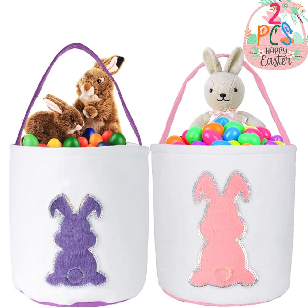 2Pack Easter Bunny Basket Bags for Kids, Canvas Cute Easter Bucket Bags with Glitter Rabbit for Kids Easter Eggs Hunting Party Decoration, Easter Event, Carry Storage Eggs Candy and Gifts.