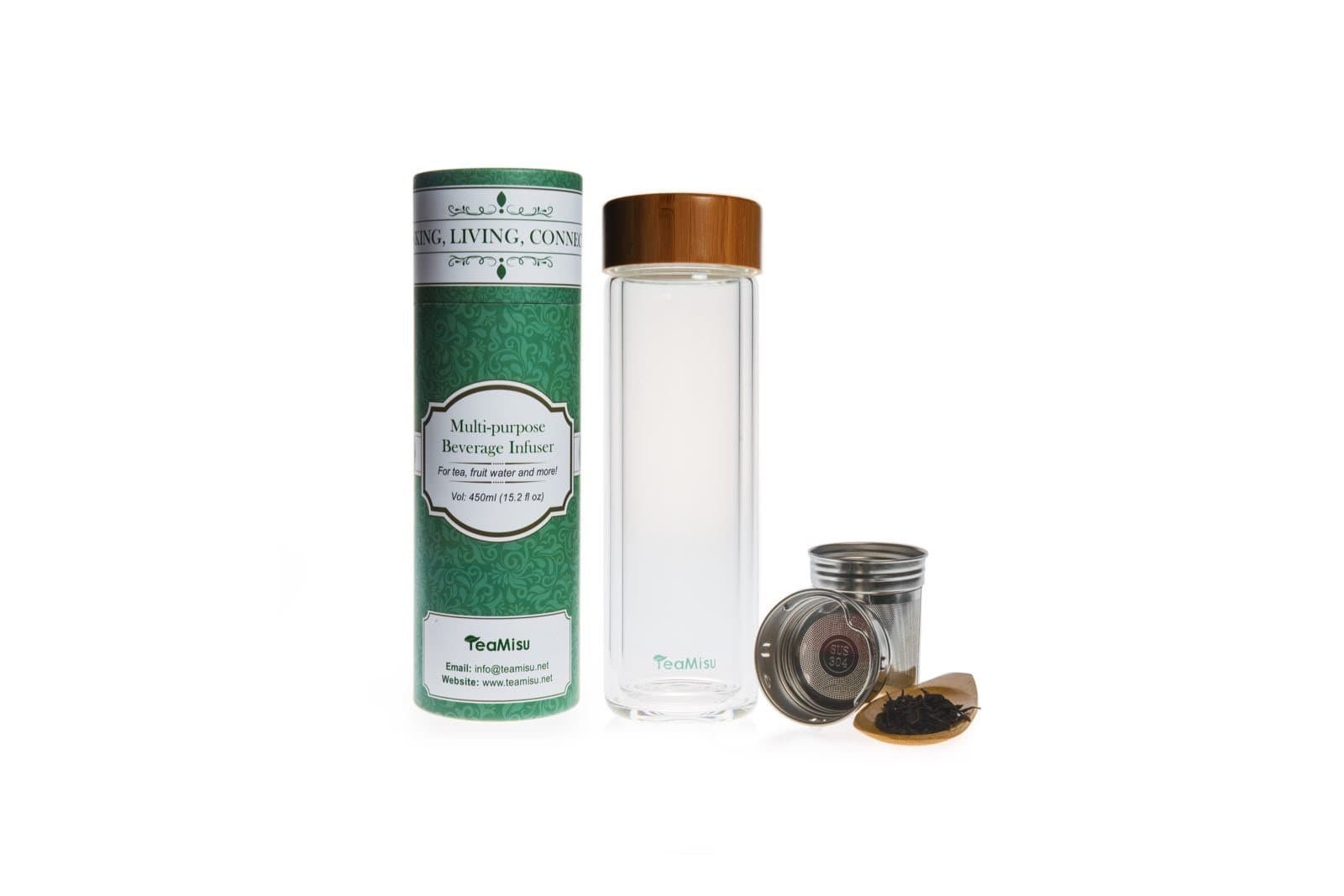 TeaMisu Multi-purpose Beverage Infuser (450ml/15oz) with Strainer/Bamboo Spoon/Case in original design|Leak proof Lid| BPA Free| Loose Tea/Fruit/Coffee Infusion| Great as Gift/Travel Mug/Water Bottle