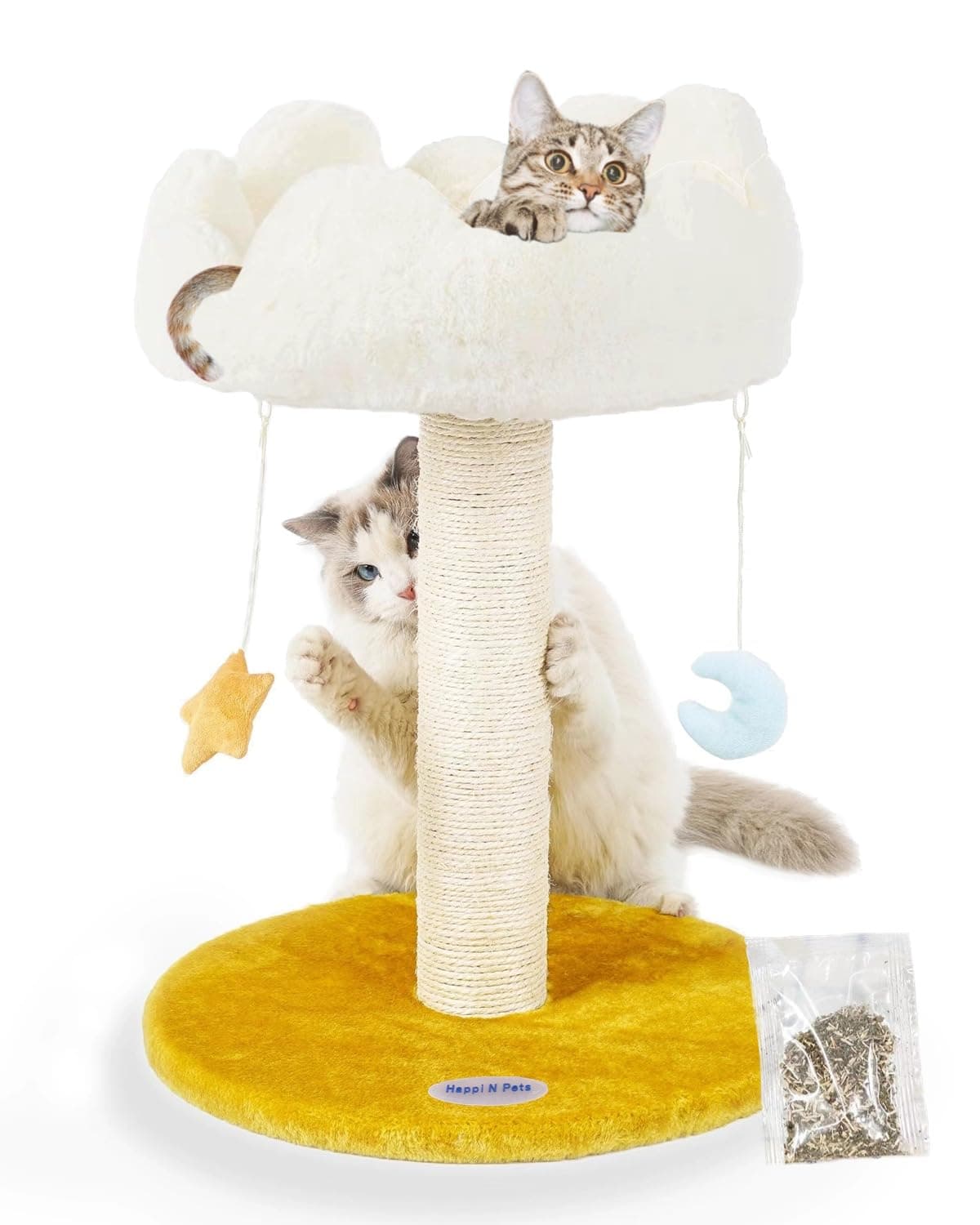 Happi N Pets Cloud Cat Tree, Cat Scratching Post with Bed, Small Cat Tree for Kittens, Cat Scratch Post with Cloud-Shaped Soft Perch & Cute Toys, Removeable Cover, Bonus Catnip
