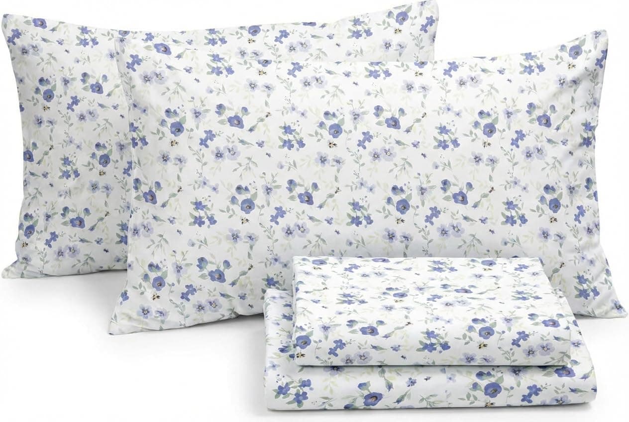 Linen Market Patterned Microfiber Full Sheet Set 4 Piece – Oeko-TEX Certified Ultra Soft & Wrinkle-Free - 16" Deep Pocket Sheets - Easy Care Full Size - Blossoms Light Blue