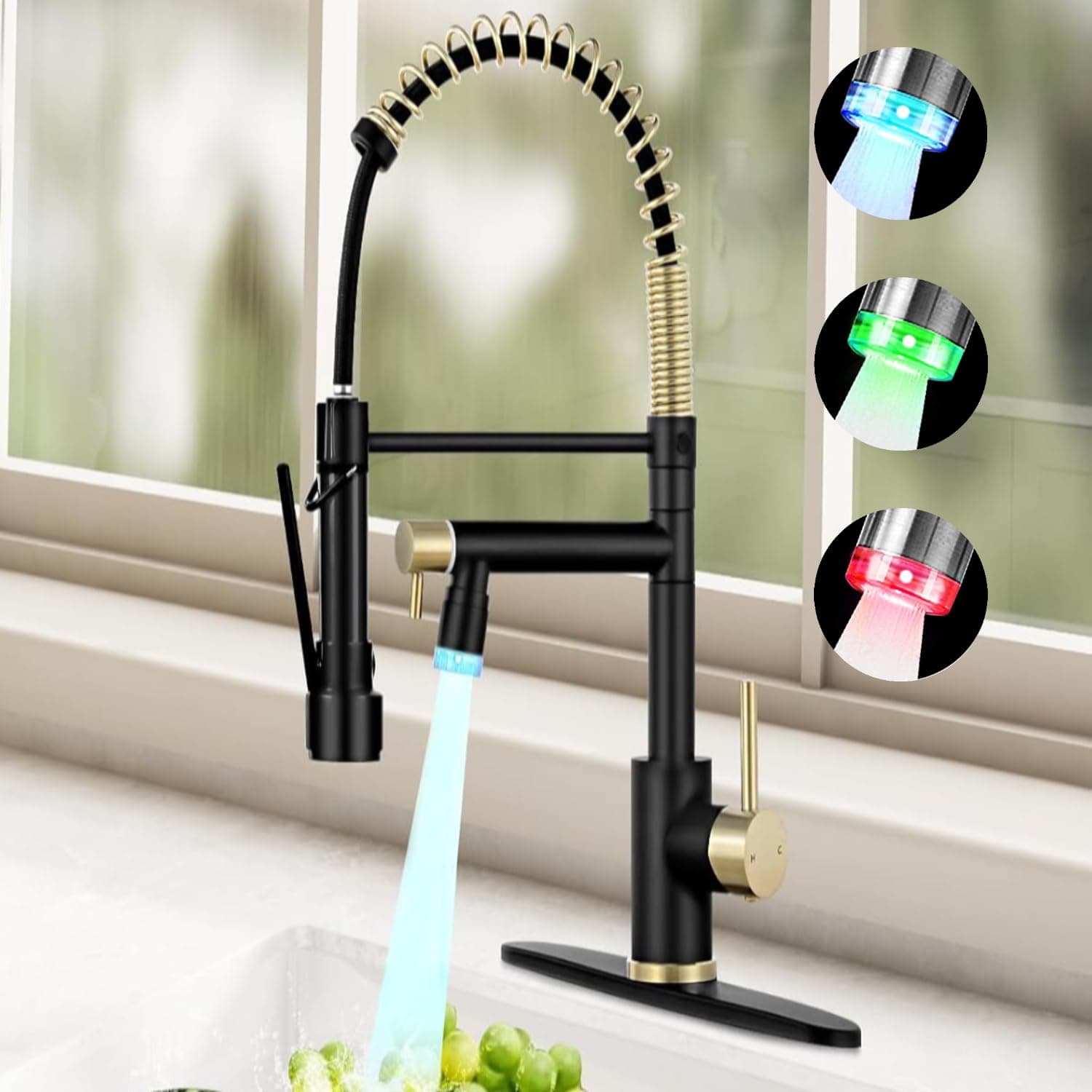 Smart Kitchen Faucet, 3 Modes Pull Down Sprayer, LED Temperature Control, Ceramic Valve,360-Degree Rotation,1 or 3 Hole Deck Plate, Double Spout. 10-Year Warranty.(Matt Black/Gold, KW-21RK)