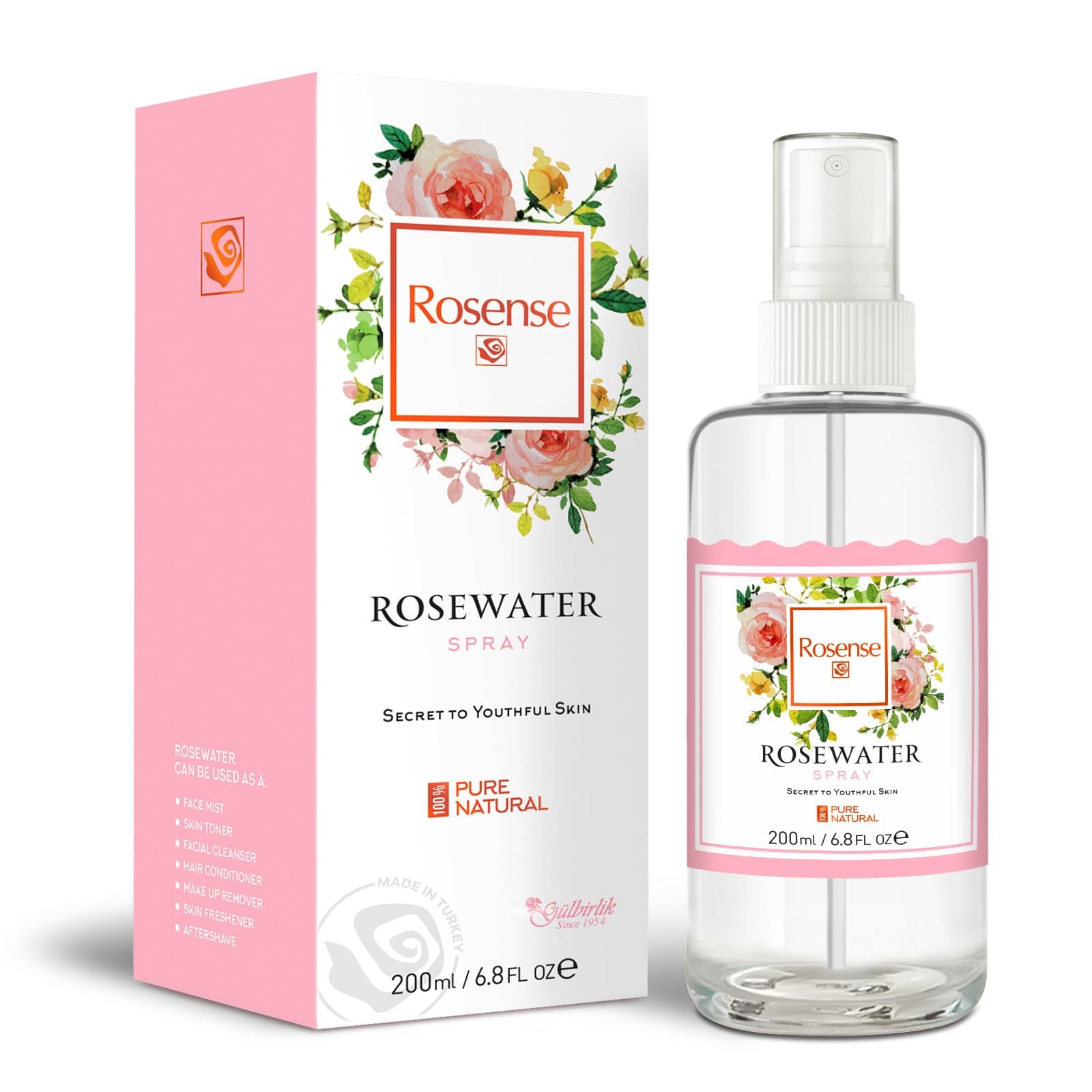 Glass Bottle Rosewater Hydrating Facial Toner/Rose Water Face Mist 6.8 Oz