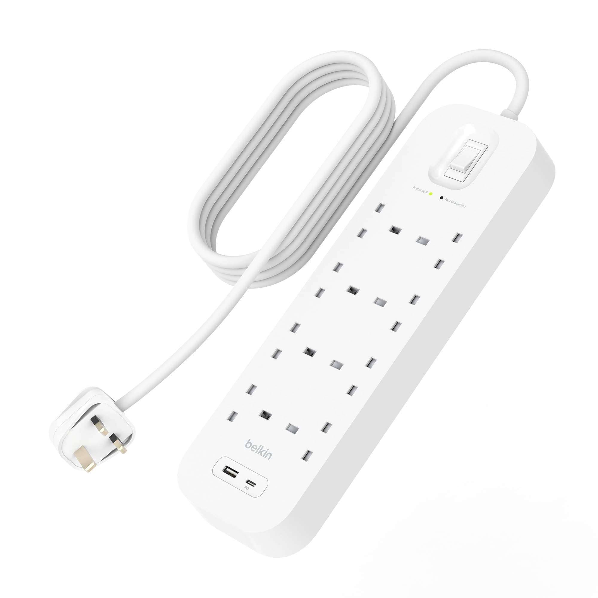 Belkin 8-Outlet Surge Protector Power Strip, Wall-Mountable with 8 AC Outlets, 2M Power Cord, & Green Indicator Light - USB-C Port & USB-A Port w/USB-C PD Fast Charging - 900 Joules of Protection