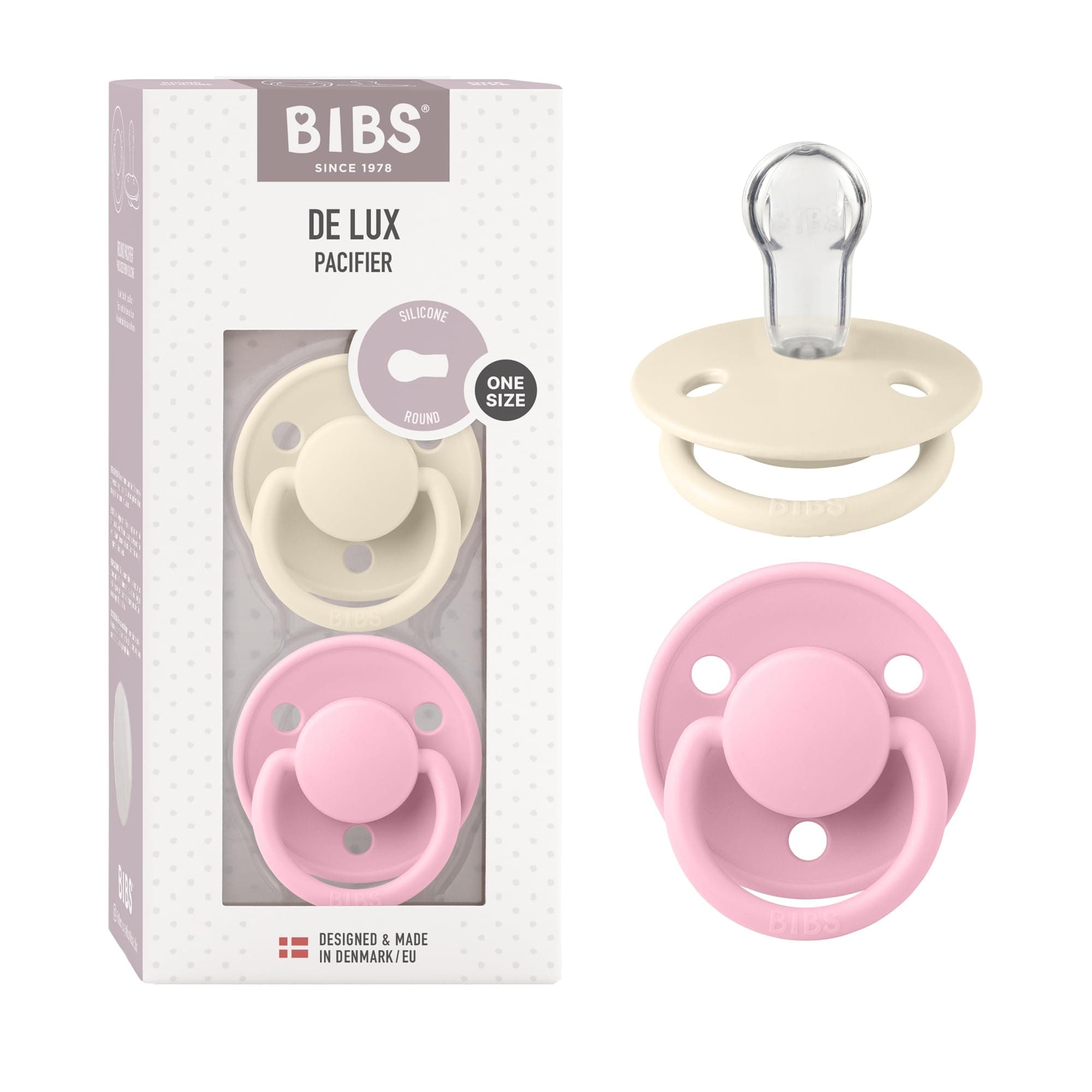 BIBS De Lux Dummies 2-Pack, BPA Free Dummy Pacifier, Round Nipple. Silicone, OneSize (0-36 Months), Ivory/Baby Pink