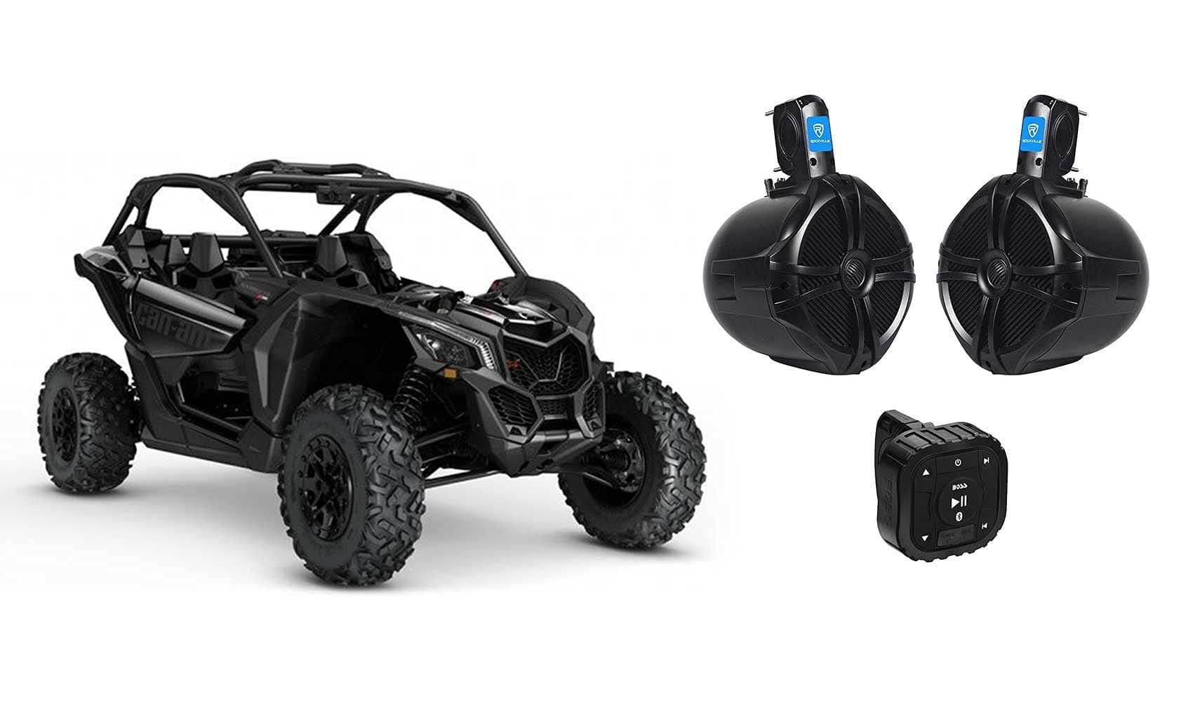 BOSS Audio Systems UBAC50D 150w Powered Bluetooth Controller Compatible with Polaris RZR/ATV/UTV/Cart Bundle with Rockville RWB80B 8" Black 2 Way 600 Watt Marine Wakeboard Tower Speakers