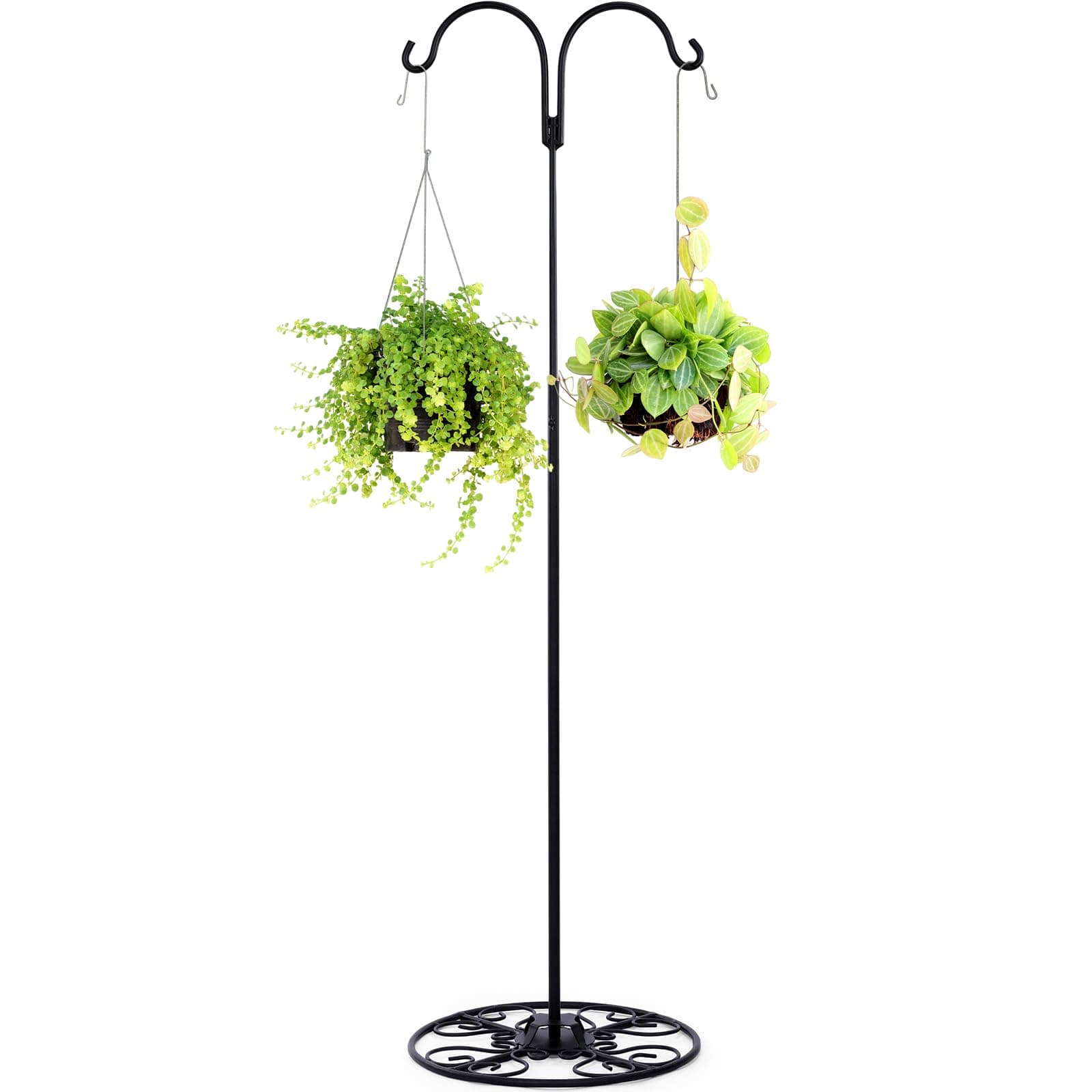 34-55 Inch Adjustable Black Iron Shepherd Hook with Base Indoor Outdoor Bird Feeder Stand Wind Chime Stand Hanging Plant Flower Basket for Garden Plants Weddings Event Home Artsy Decor