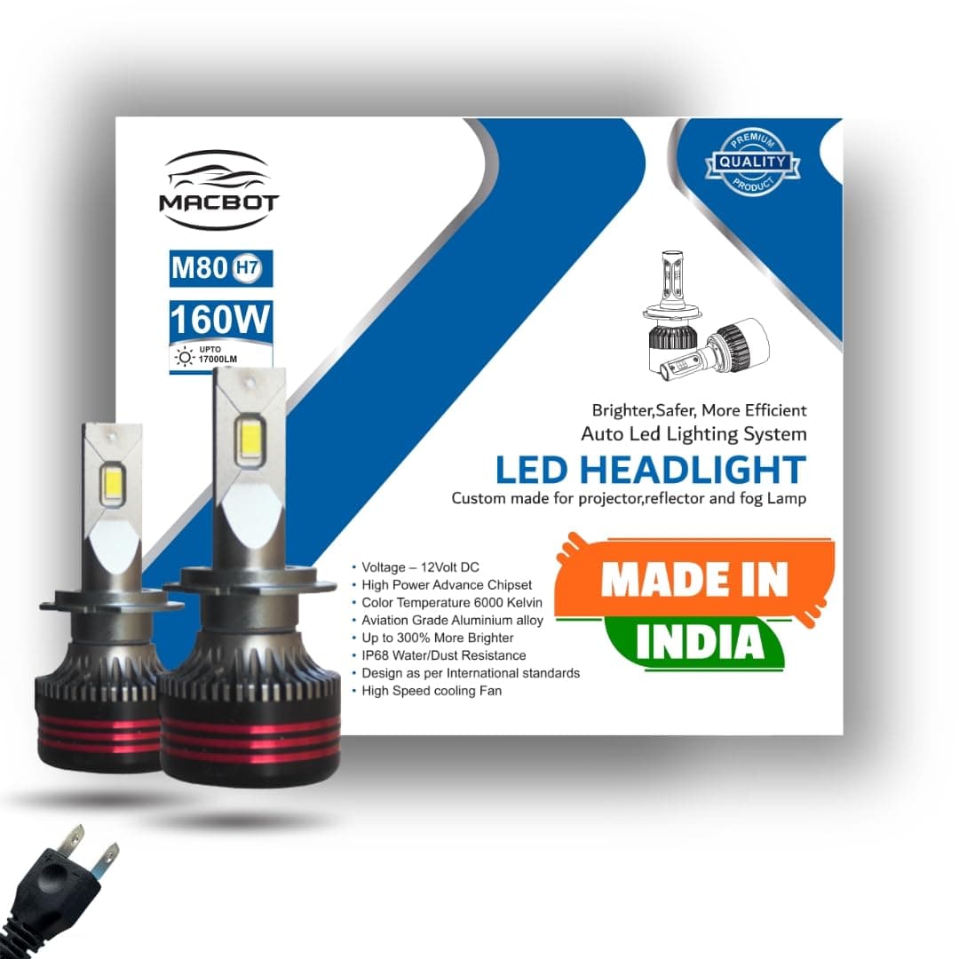 MACBOT H7 Type LED Headlight Bulb 160 Watt M80-H7, with 2-Year Replacement Warranty - Made in India for Cars (80 Watt Each Bulb) Super Bright White Light, Easy Installation, Long-lasting Performance