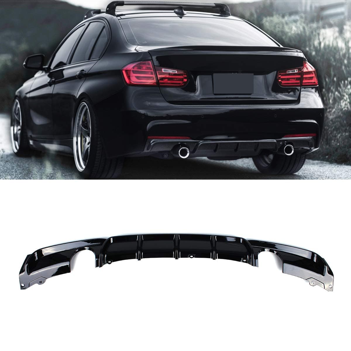 F30 Diffuser, FRP M Style Rear Bumper Diffuser Lip Single Muffler Dual Out for BMW 3 Series F30 320i 325i 328i 335i M-Tech M Sport (Gloss Black)