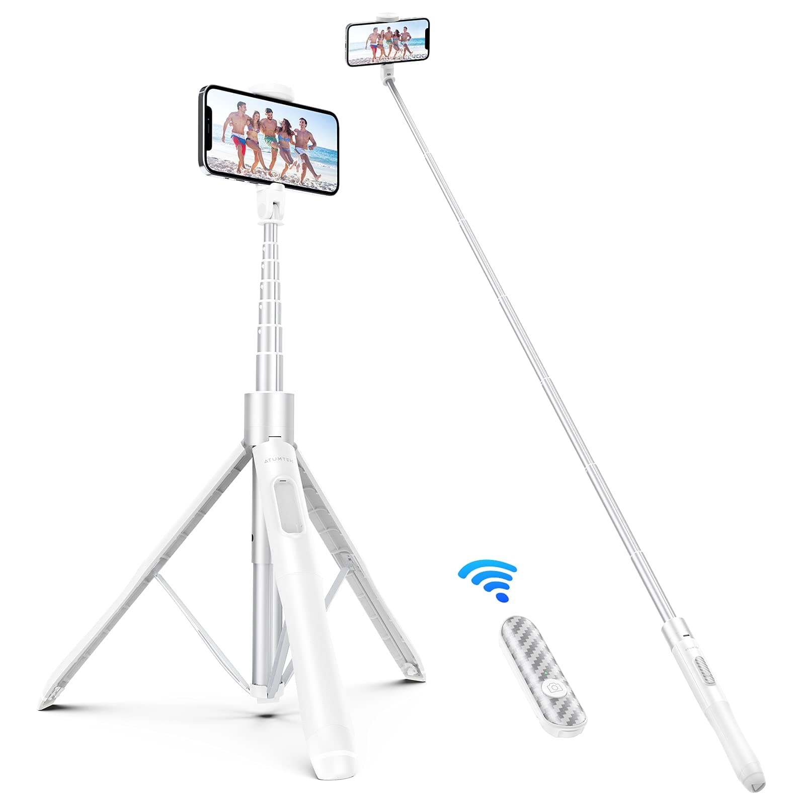 ATUMTEK 1.5m Selfie Stick Tripod, All in One Extendable Phone Tripod Stand with Bluetooth Remote 360° Rotation for iPhone and Android Phone Selfies, Video Recording, Vlogging, Live Streaming, White