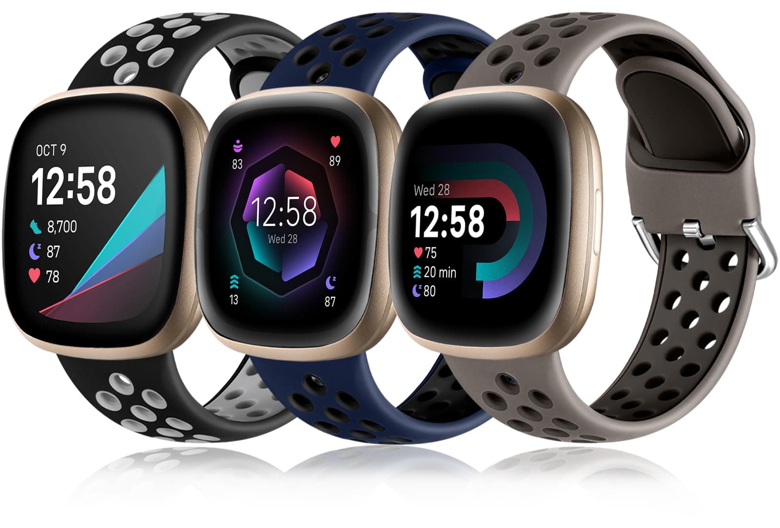 Getino Compatible Fitbit Sense/Sense 2 Bands/Versa 3/ Versa 4 Women Men Waterproof Soft Stylish Accessories Sport Band Fitbit Large 3Pack-9 Blackgray/ Navyblack/ Coffee