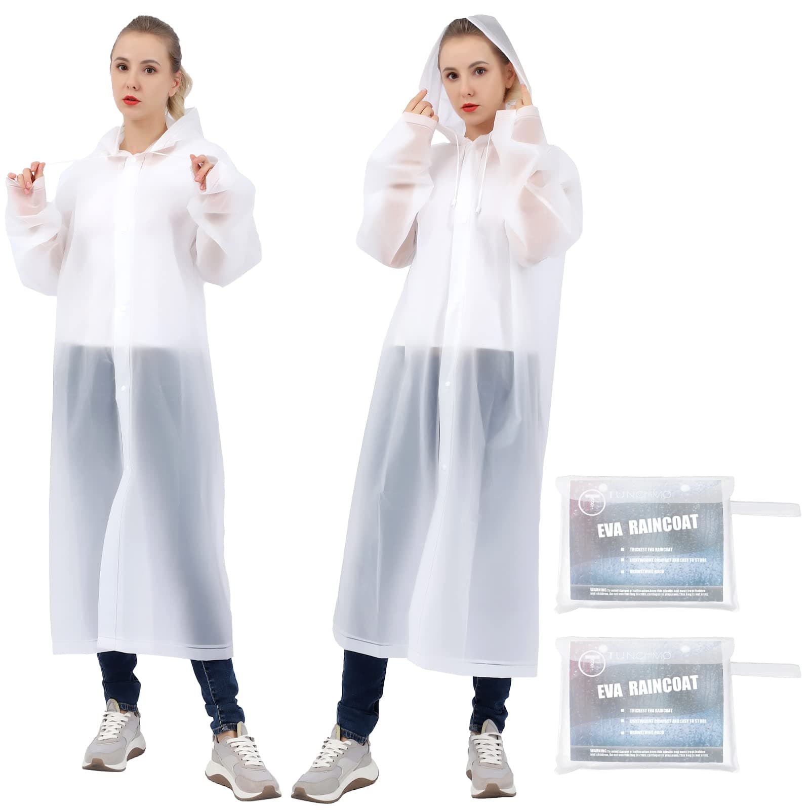 TUNCHMO2-Pack Reusable Rain Coats - Extra Thick EVA (20%/100% Thicker) - Hooded Ponchos for Men/Women