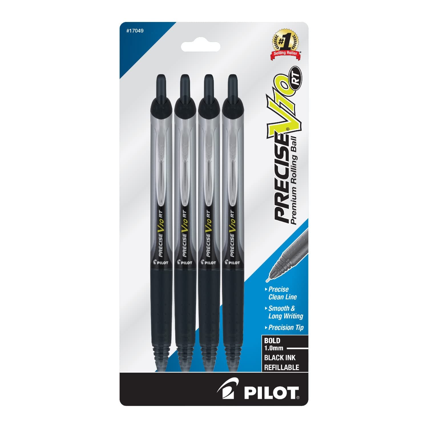 PILOT Precise V10 RT Refillable & Retractable Rolling Ballpoint Pens, Bold, Black Ink, 4 Pack