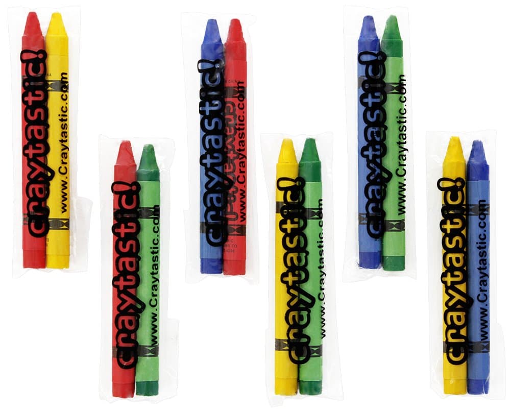 Craytastic! 150 Premium Full-Size Crayons in Individual Cellophane Wrapped Packs (Assorted: Red, Green, Blue, Yellow) Safety Tested Compliant with ASTM D-4236 (300 Total Crayons) (Pack of 2)