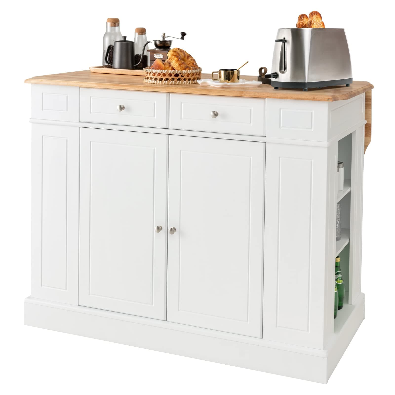 LOKOKitchen Island with Drop Leaf, Kitchen Storage Cabinet with Rubber Wood Top, 2 Drawers, 5 Adjustable Shelves & Spice Racks, Island Table for Kitchen Home Coffee Bar, 47 x 36 x 36 Inches (White)